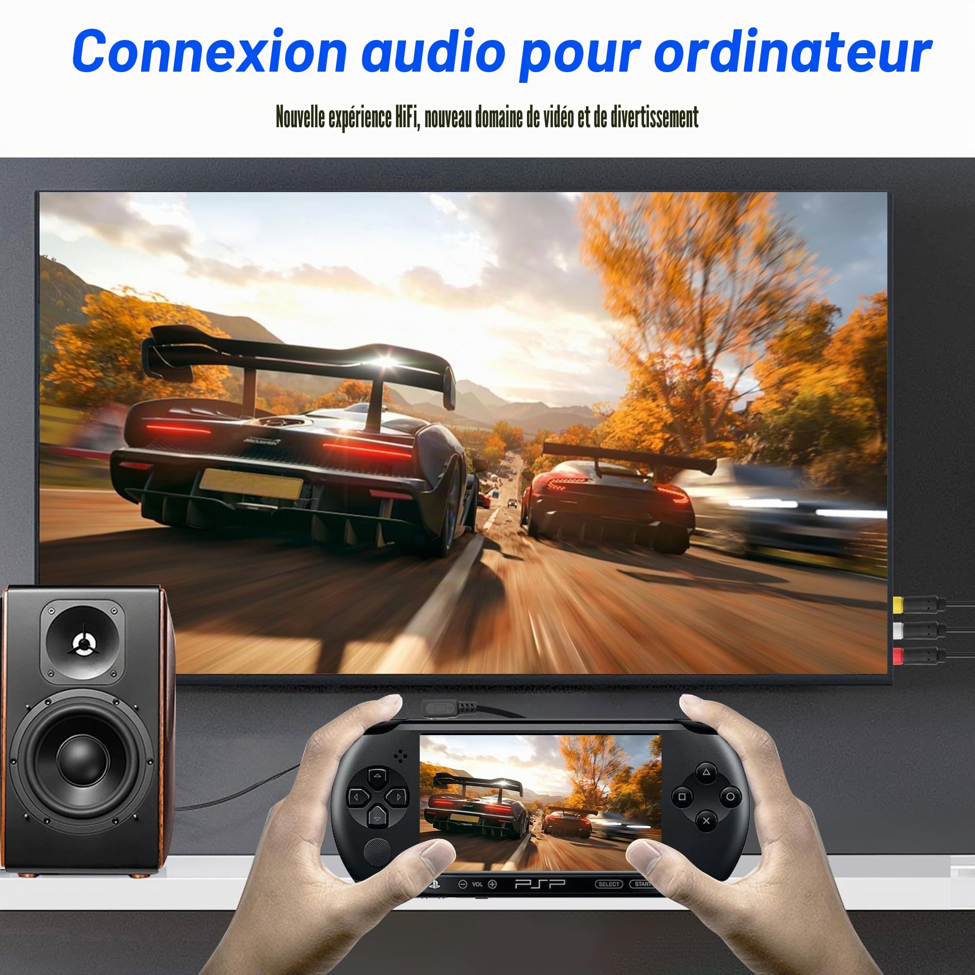 MEIRIYFA Compatible avec PSP AV Audio Vidéo 3RCA câble adaptateur pour PSP 2000 3000 HDTV HD Composant Audio Vidéo Câble de rechange (noir, 1,8 m)