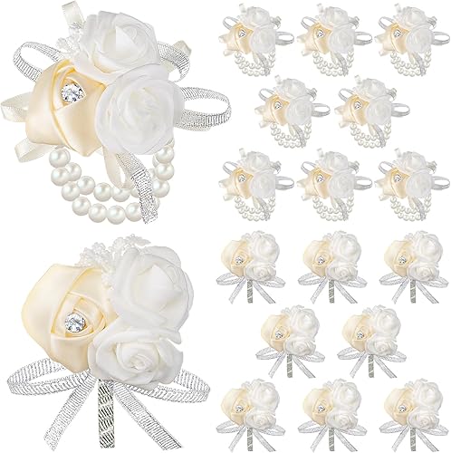 Zeyune Juego de 16 ramilletes de muñeca de rosas y boutonniere, ramilletes de flores y pulsera de pulsera para hombre de novios para boda,