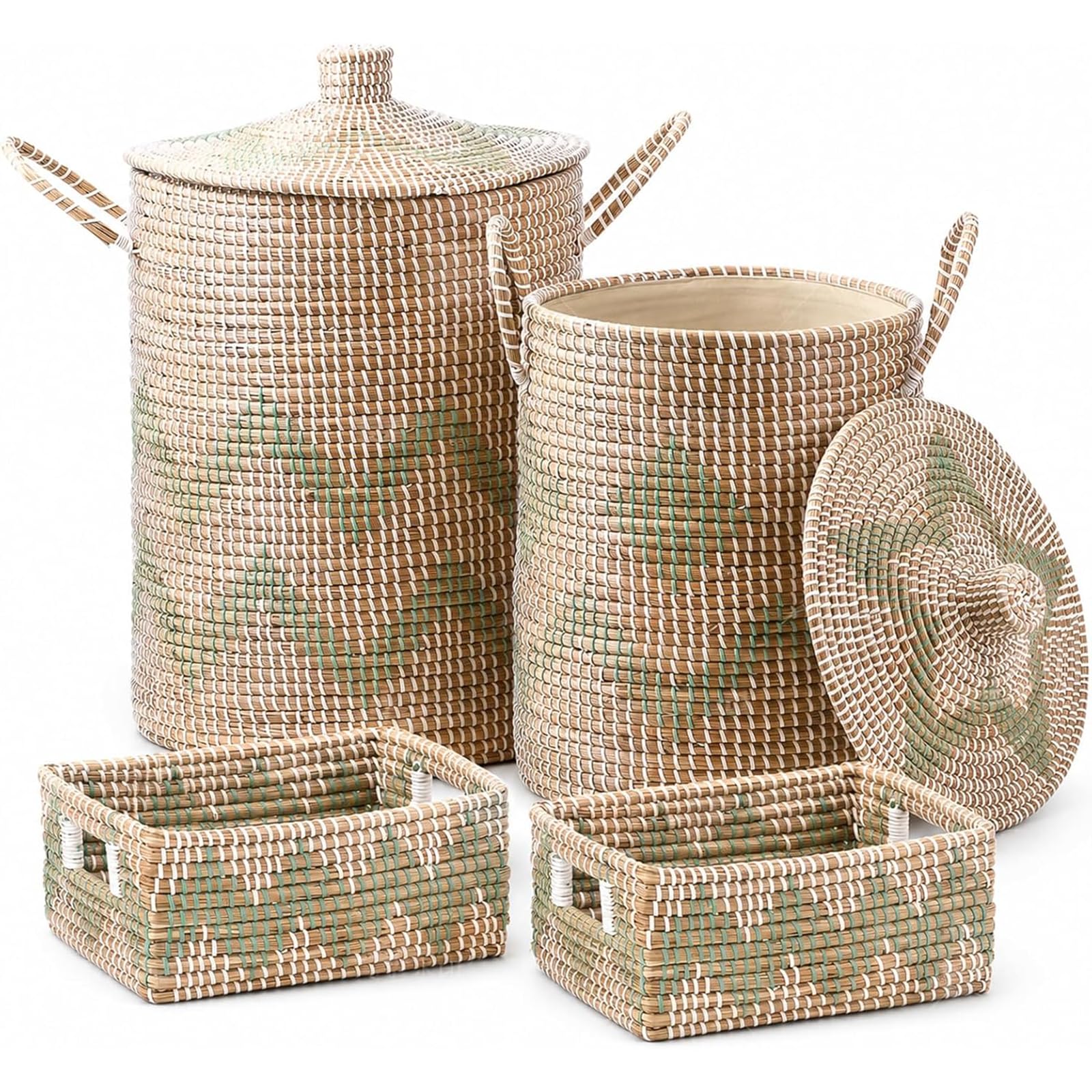 Boho Wicker Storage Basket Set of 4: Natural Woven Seagrass Laundry Hamper with Lid, Handles and Removable Liners, Decorative Laundry Baskets and Shelf Baskets for Living Room Bedroom Bathroom Nursery