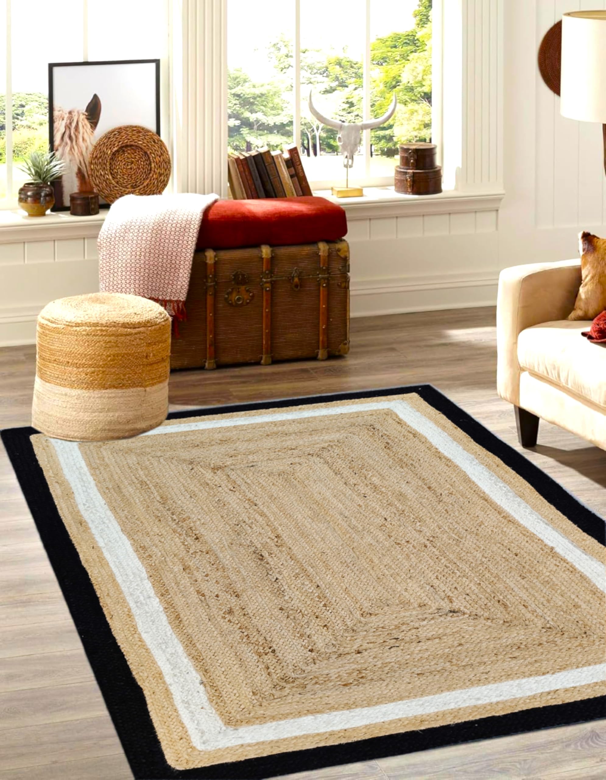 Tappeto in iuta misto cotone, 3,5 x 4,5 m, colore: bianco e nero con beige