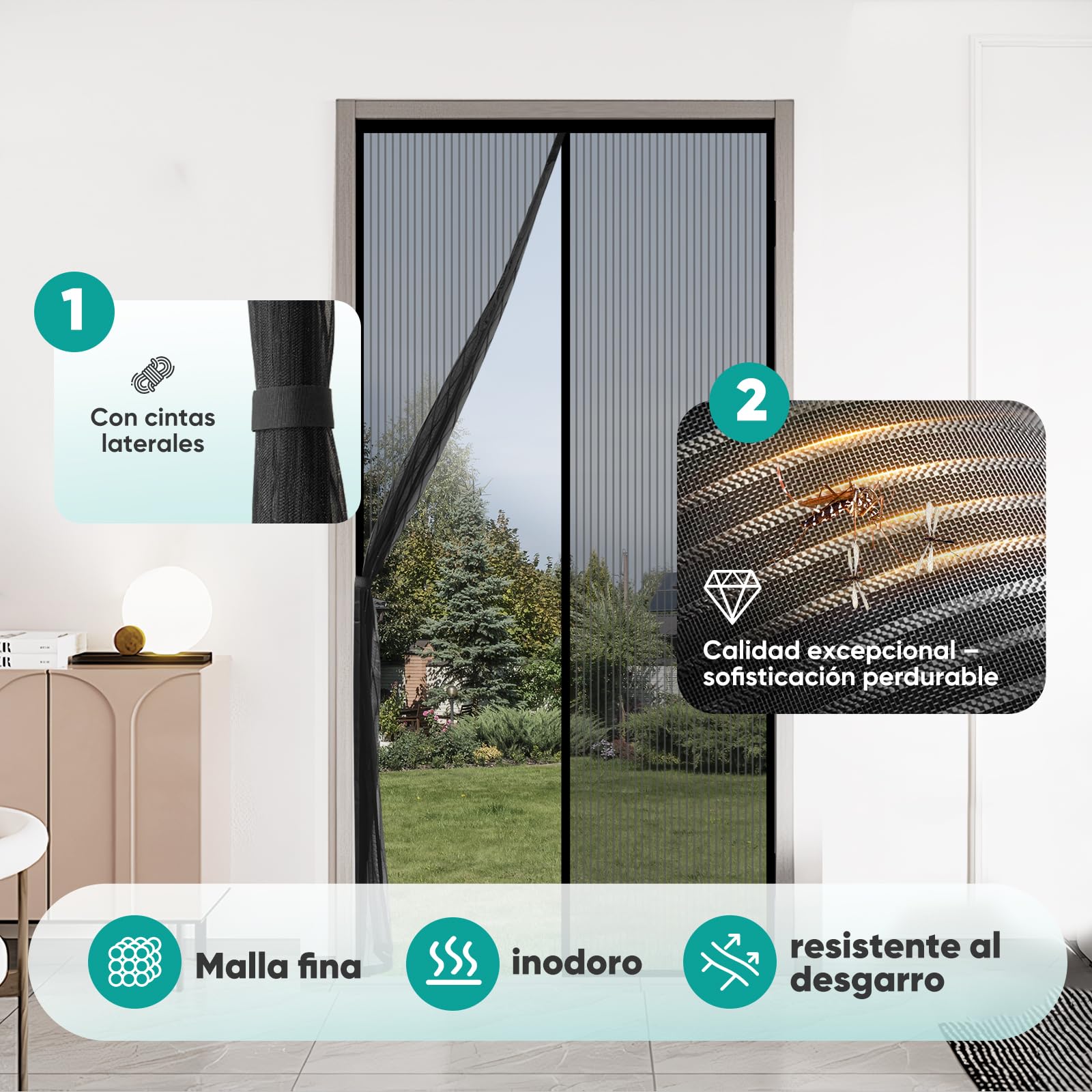 Mosquitera Magnética Para Puerta Sekey - Cortable A Medida, 110x210cm, Negro, Instalación Sin Taladro