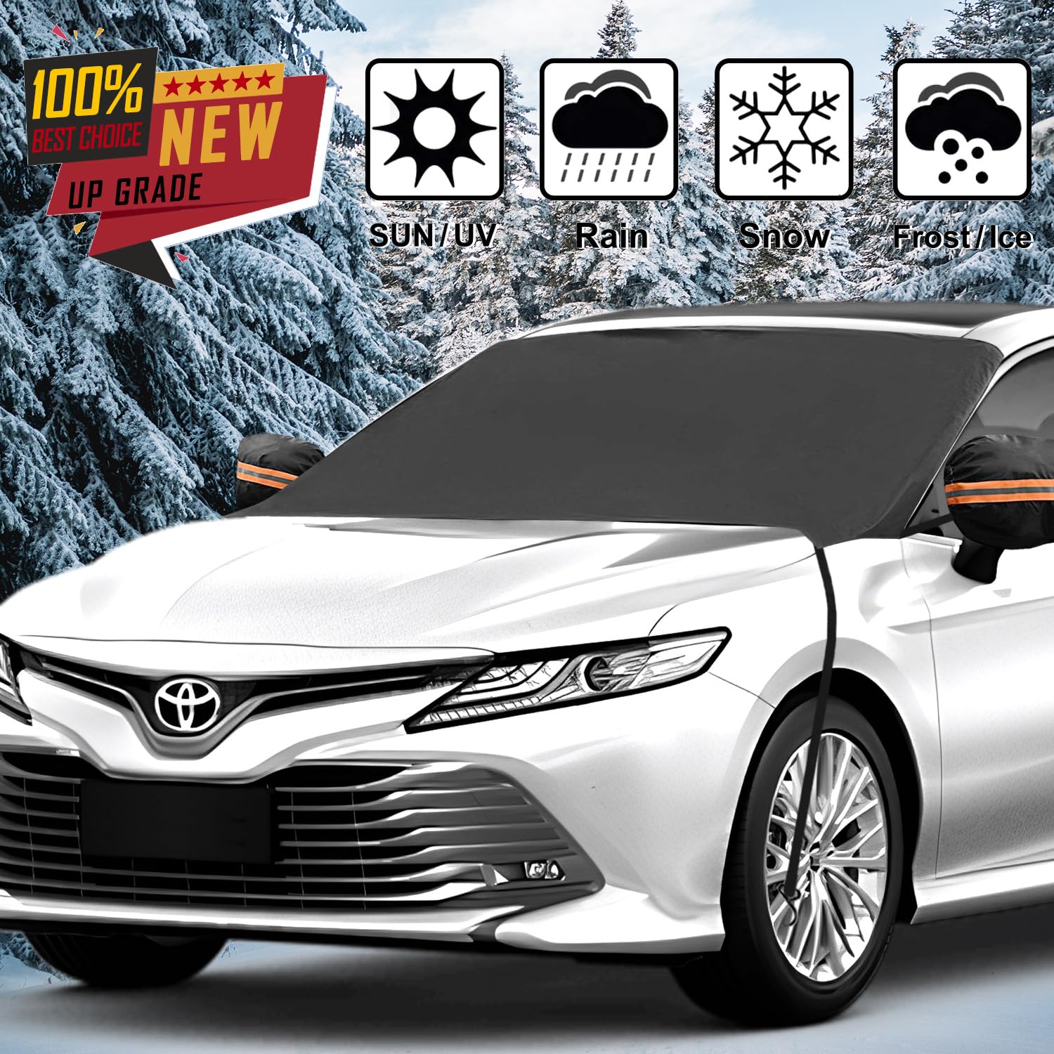 Windshield Cover for Cars, Trucks, Vans - 86x50 Inch Waterproof All Weather Winter Snow Frost Ice Sun Shade Cover with Side Mirror Covers, Automotive Exterior Accessories