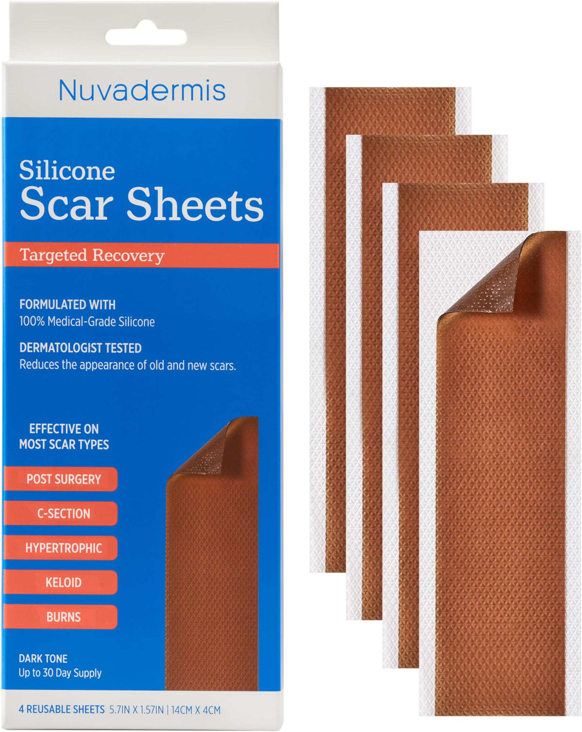 NUVADERMIS Silicone Scar Sheets - Extra Long Scar Sheets for C-Section, Tummy Tuck, Keloid, and Surgical Scars - Reusable Medical Grade Silicone Scar Sheets - Pack of 4 - Dark Tone