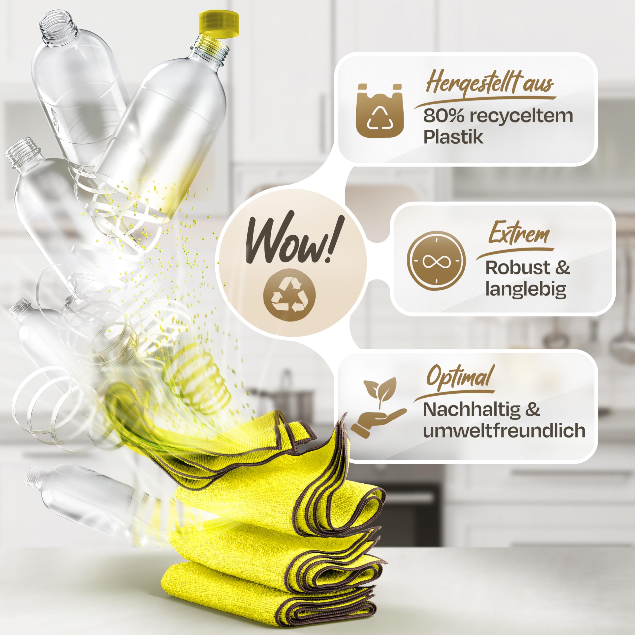 Mikrofasertücher für Küche, Bad, Haushalt und Auto - Reinigungstücher, Putzlappen, Wischtücher aus recyceltem Plastik 50er Set - 40x40cm - Gelb/Grau