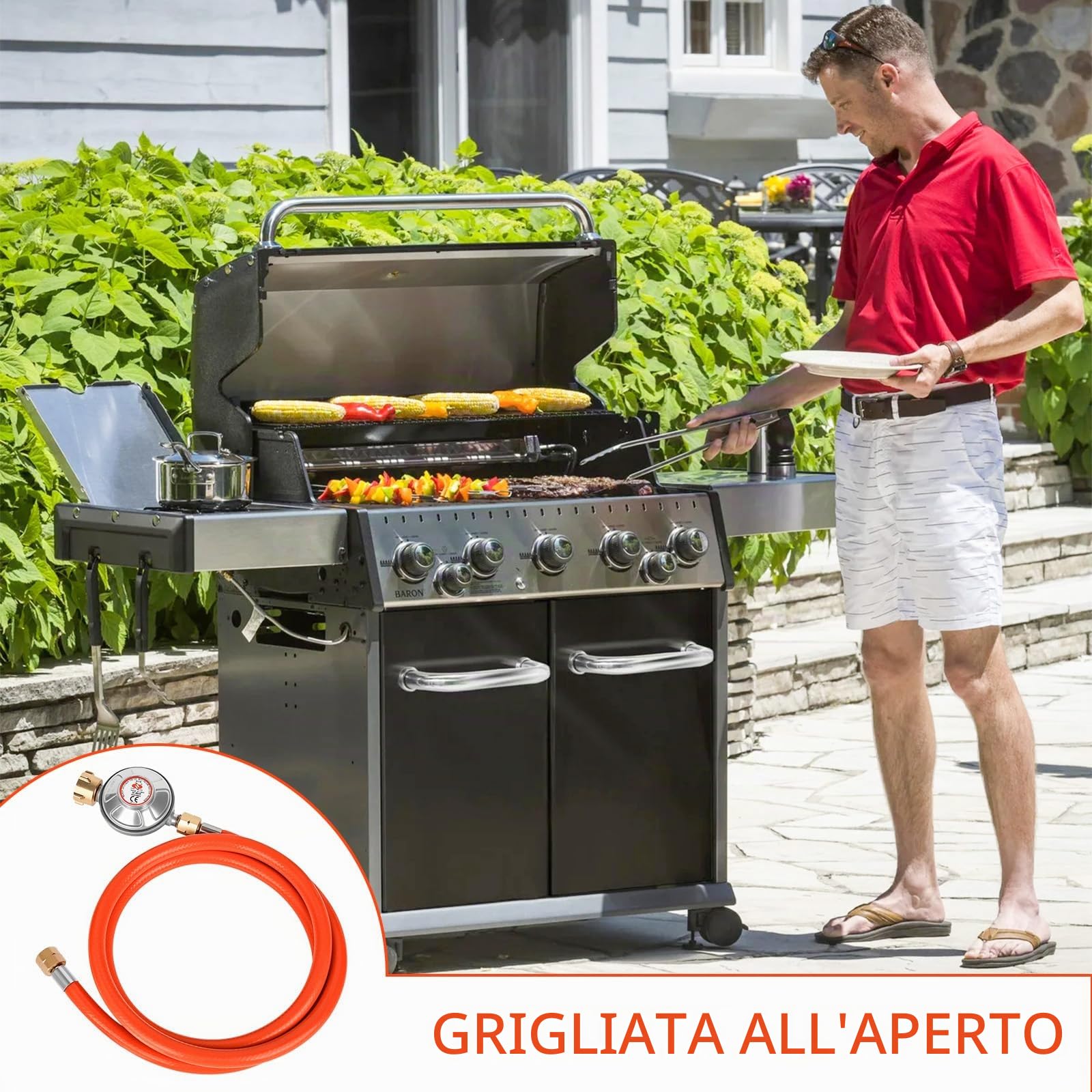 Regolatore di pressione del gas, 50 mbar, tubo del gas, 150 cm, filettatura esterna, 1/4" -19 LH, regolatore di pressione a bassa pressione per barbecue per campeggio, picnic, barbecue