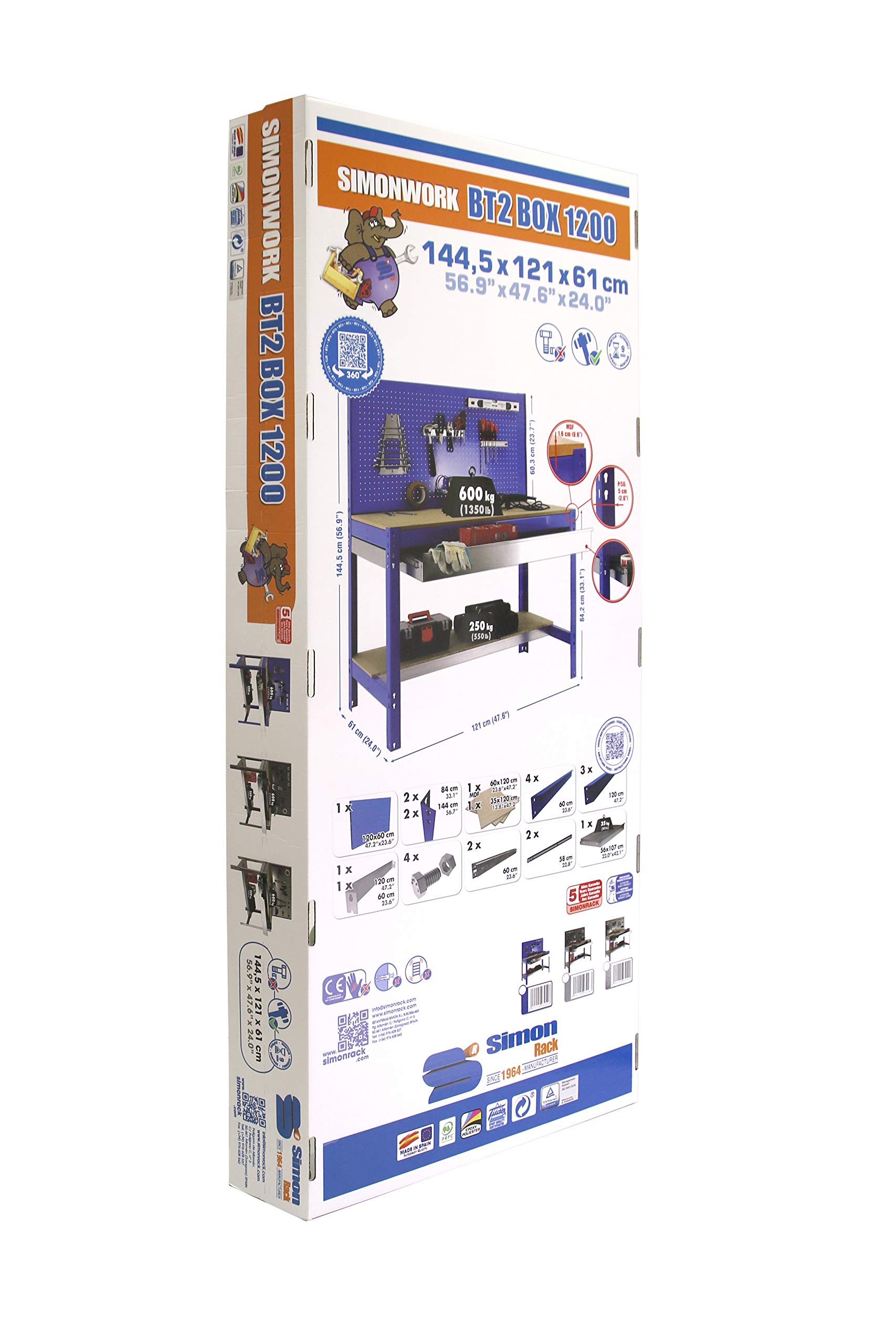Simon Rack Banco da lavoro per officina, capacità di carico 600 kg, 1445x1210x610 mm, Pannello Forato, Tavolo da lavoro fai da te, Blu/Legno - BT2