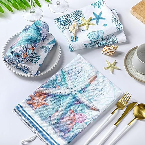 Miniatura 9 de Juego de 6 toallas de cocina de playa con temática de animales marinos y océanos, paños de cocina náuticos de 24 x 16 pulgadas, regalos de cocina,