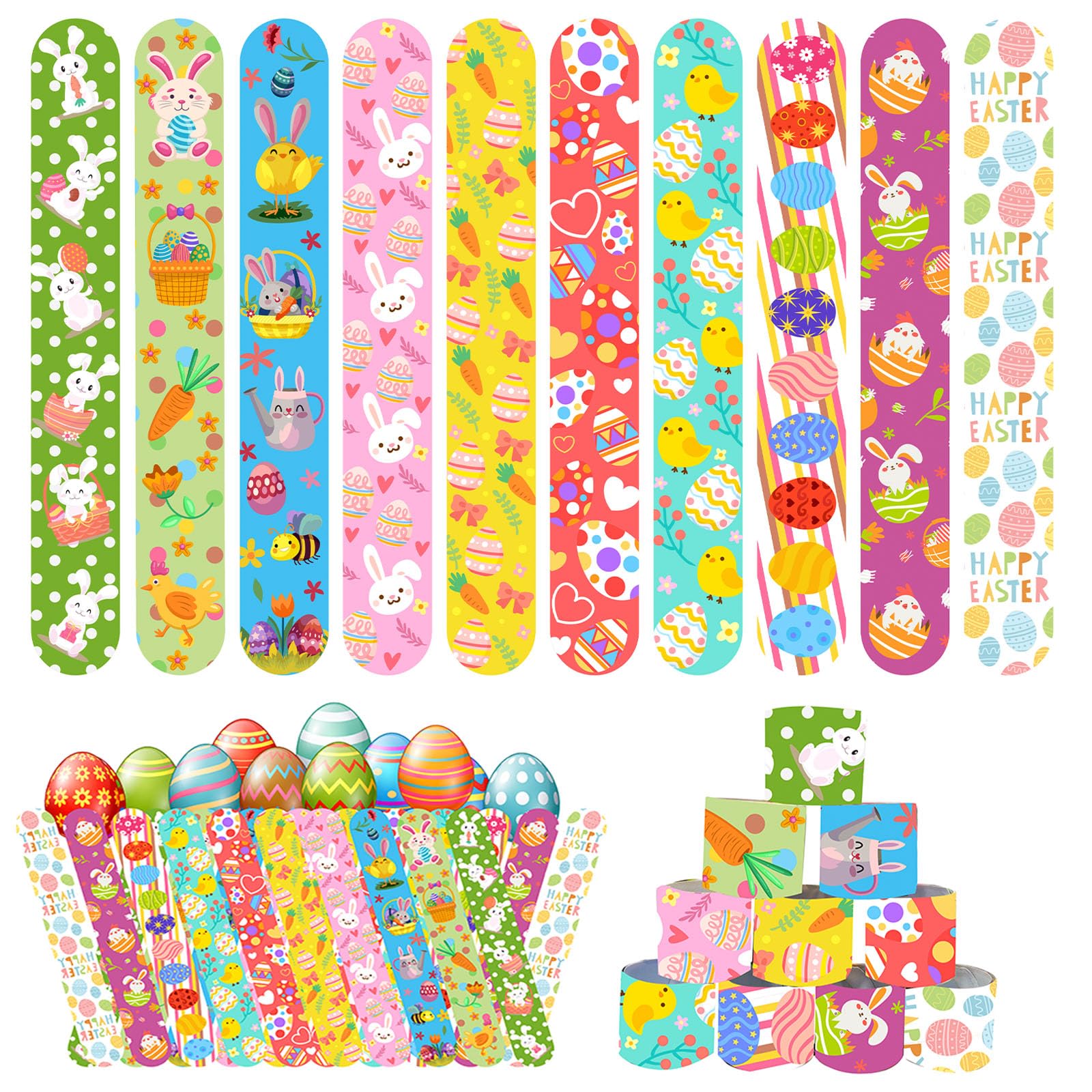 Mienocol 24 PCS Easter Slap Bracelets Wristband Slap Bands,Easter Party Bunny Egg Chick Pattern Snap Band Bracelets for Easter Basket Stuffers Party Bag Fillers Boys Girls Birthday Party Favors