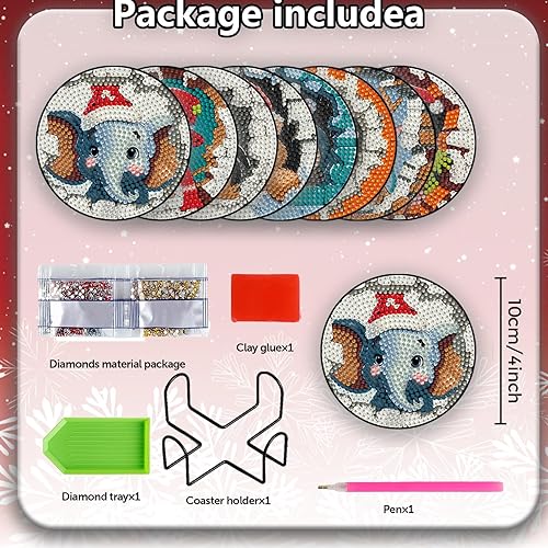 Miniatura 9 de Denylo pro 8 piezas de posavasos de arte de diamantes de Navidad con soporte, posavasos de arte de diamante de Navidad, posavasos antideslizantes