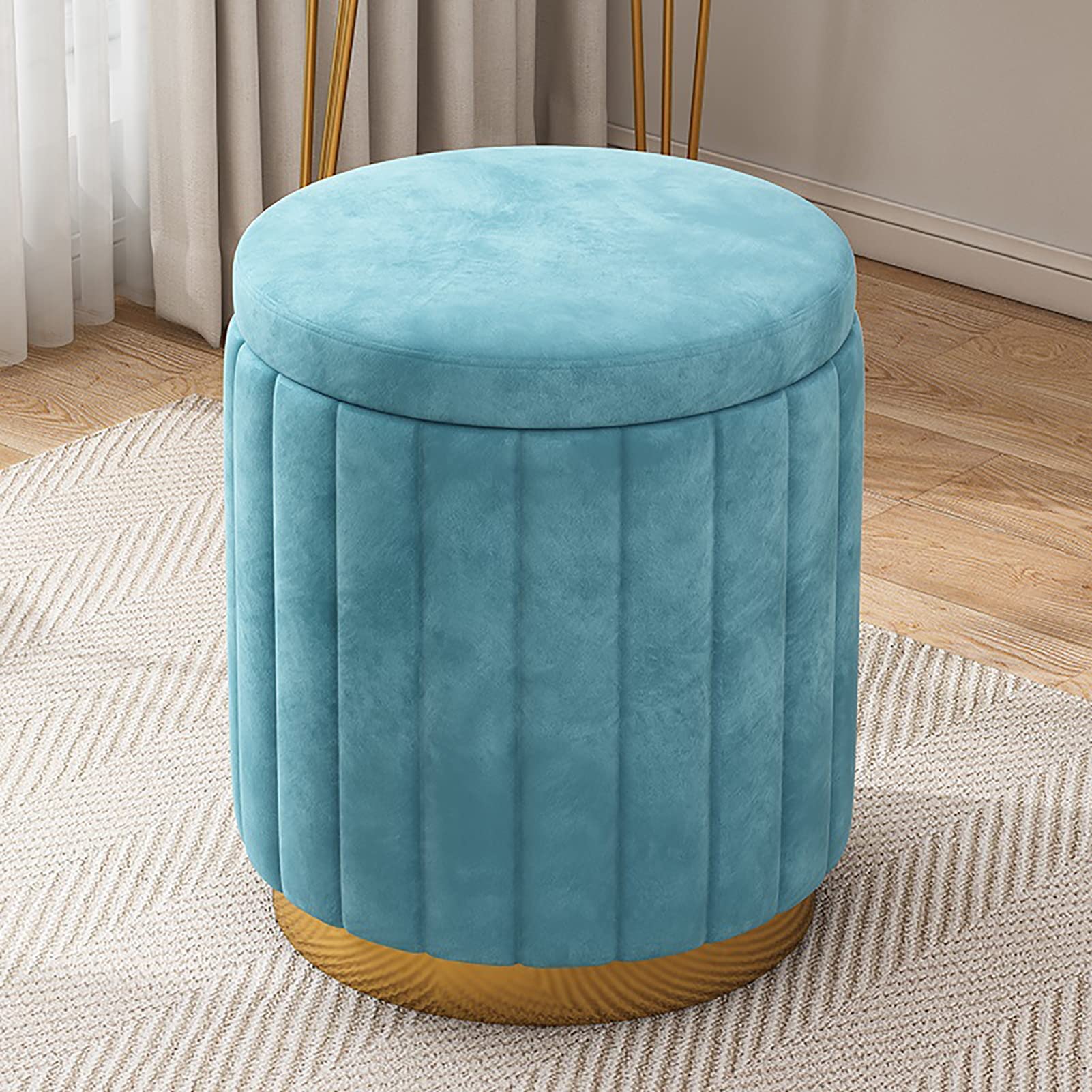 Round Velvet Storage Ottoman, Upholstered Soft Foot Rest Stool with Gold Base, Large Capacity Vanity Stool Chair for Living Room Bedroom,Blue