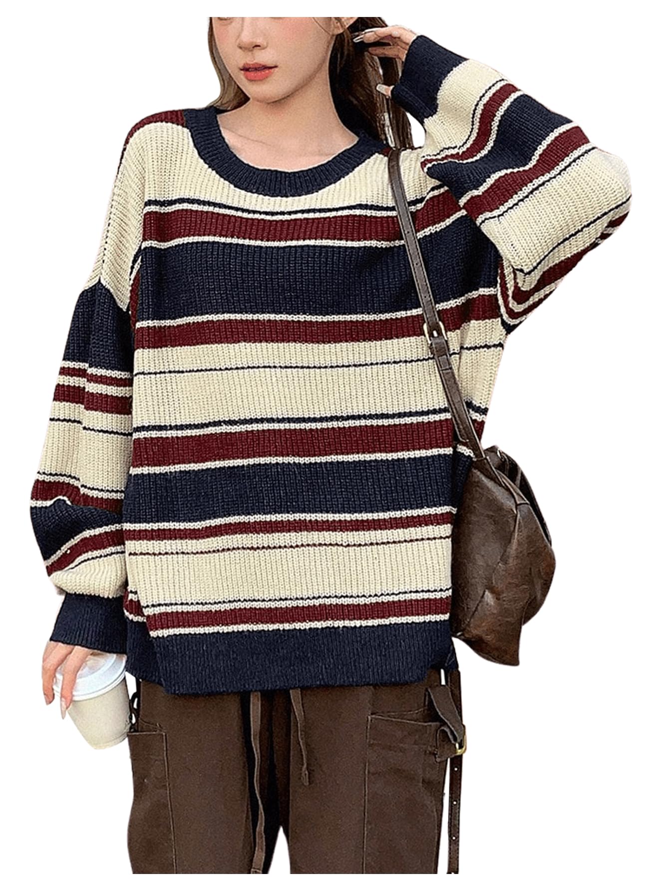 MakeMeChic Womens Fall Vintage Striped Pullover Sweater Long Sleeve Crew Neck Knit Tops