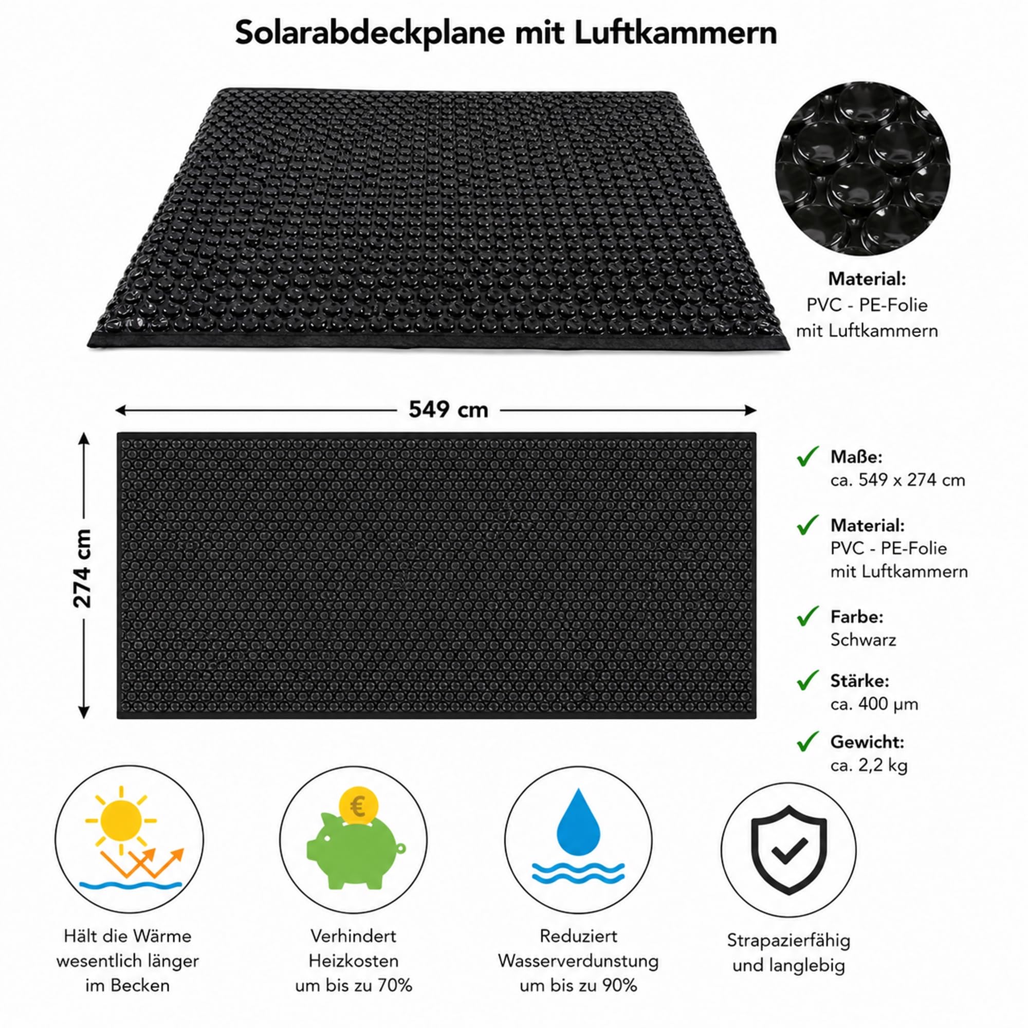 Mucola Solarfolie Pool 549x274 cm Schwarz 400µm mit Ösen – Poolabdeckung Wärmeplane PVC UV-beständig reißfest