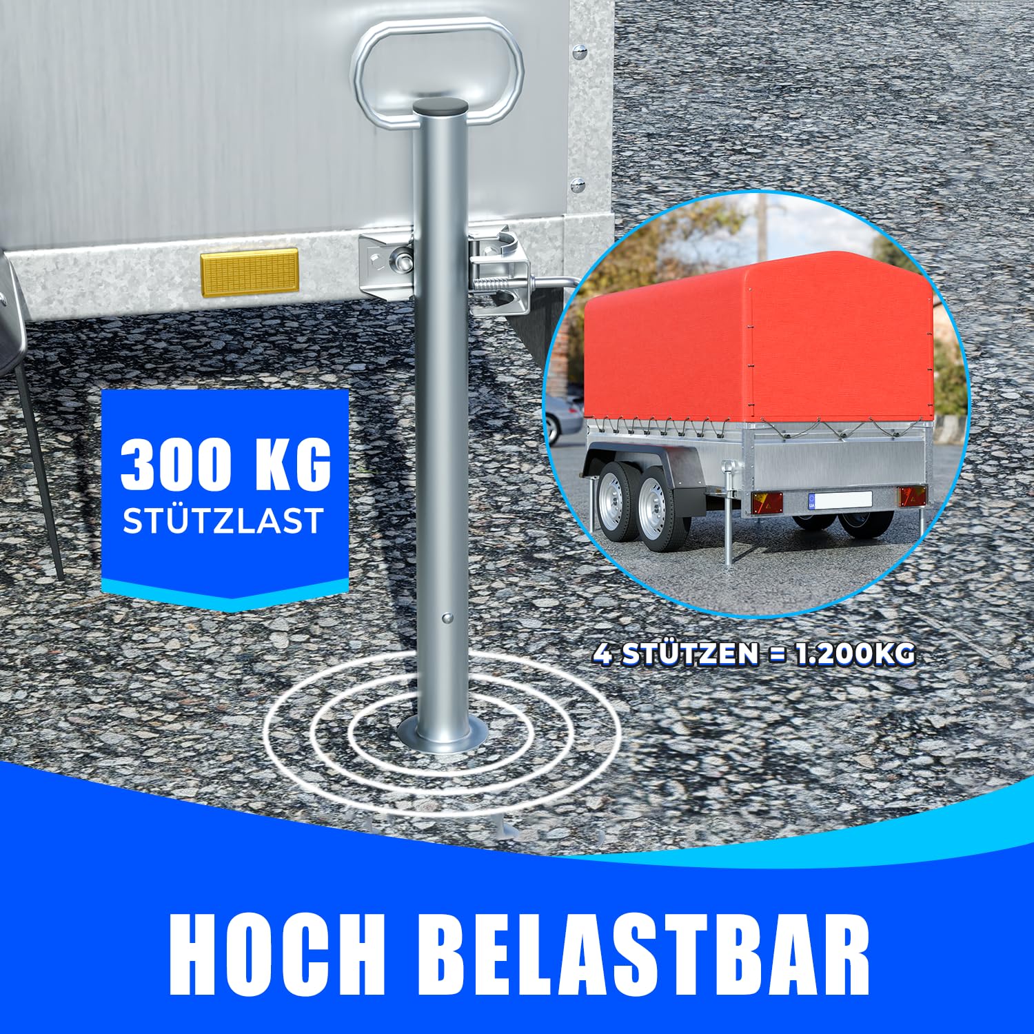AUTOLIGHT 24 2X Anhängerstützen, 2X Unterlegkeile mit Halterung & höhenverstellbares Stützrad – Verzinkter Stahl, bis 750 kg, inkl. Zubehör Komplettset für Anhänger