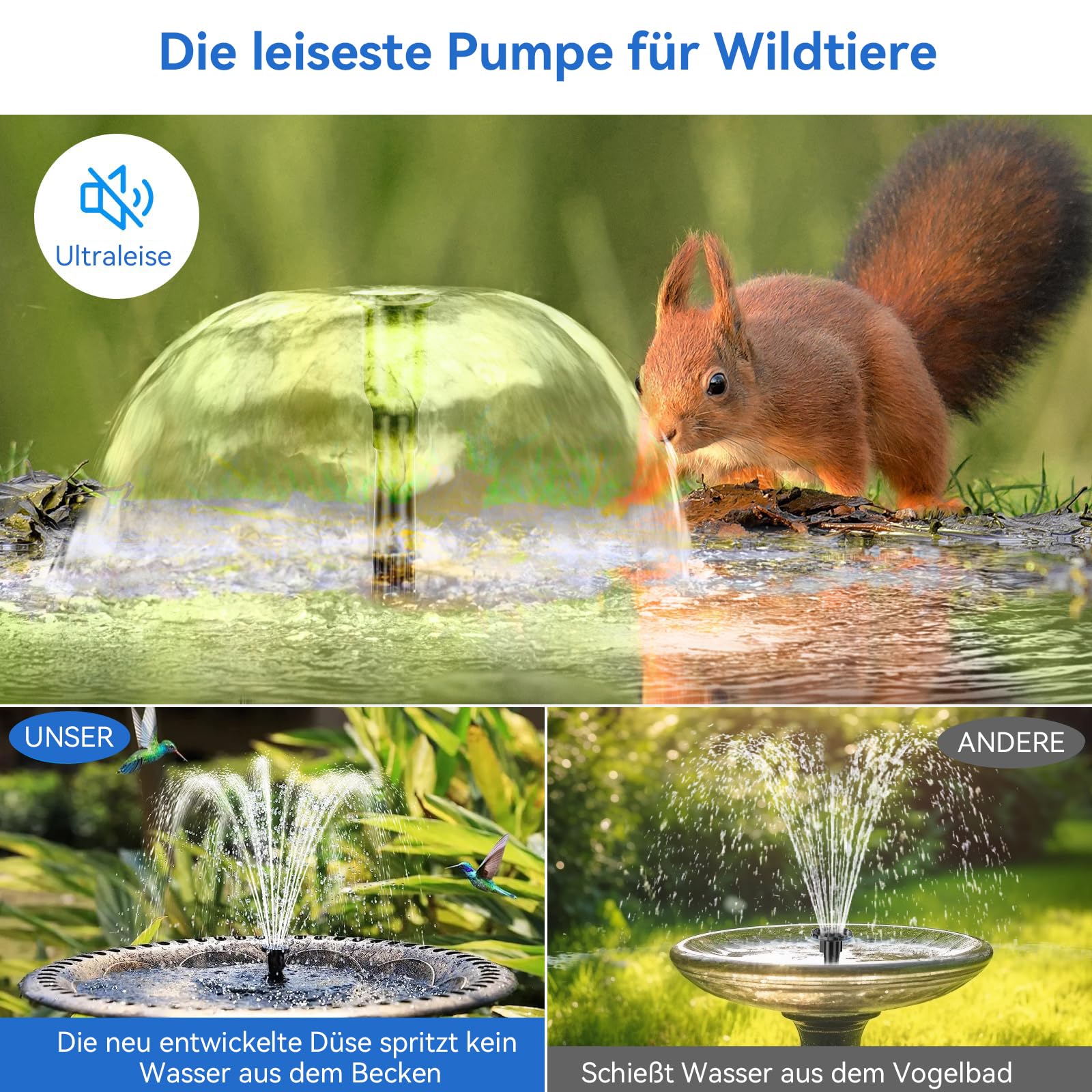 POPOSOAP Solar Springbrunnen für Außen, 6,5W Teichpumpe Solar mit verbessertem Trockenlaufschutz und doppellagigen Düsen, 1,5 m Schlauch für Teich, Vogelbad, Gartenwasserspiel