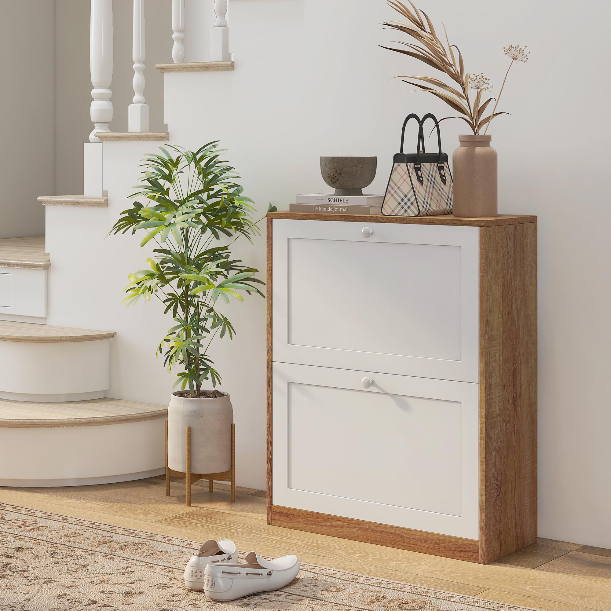 HOMCOM Scarpiera Slim con 3 Ripiani Regolabili a 2 Livelli o Rimovibili per 12 Paia, Mobile Scarpiera in Truciolato e MDF Salvaspazio, 60x24.5x75.5 cm, Bianco e Rovere