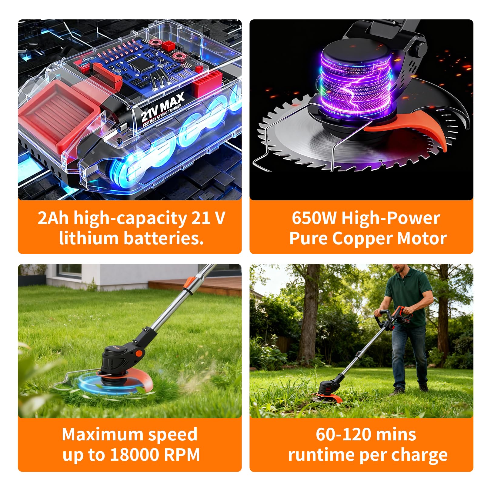 Strimmer,Cordless strimmer with 2 * 21V 2.0Ah batteries, Metal blade strimmers with 3 types of blades, Height Adjustable Battery strimmers/Garden strimmer/Electric strimmer for garden, lawn,villa - 5