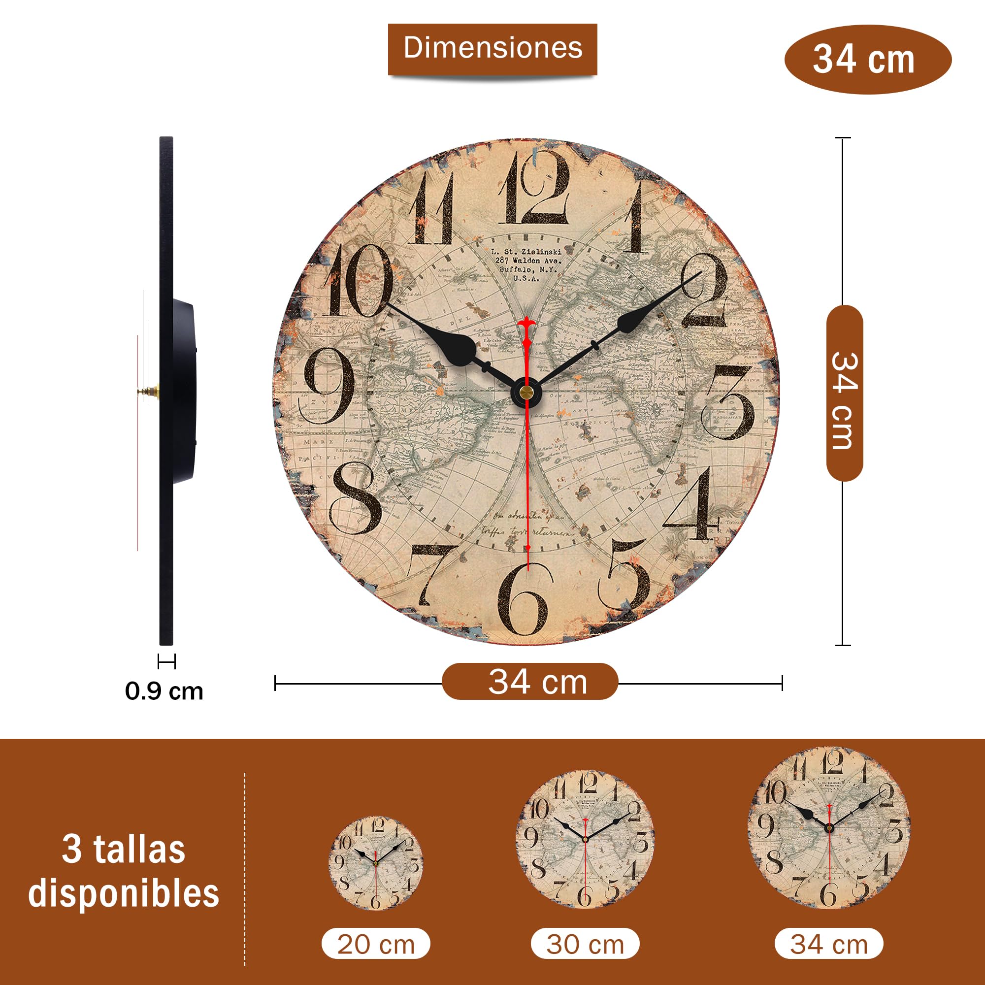 VIKMARI Reloj De Pared Vintage Movimiento De Cuarzo Relojes De Pared Silenciosos Sin Tictac Reloj con Batería Que Cuelga Reloj Redondo De Madera Vintage |Mapa del Mundo|14"