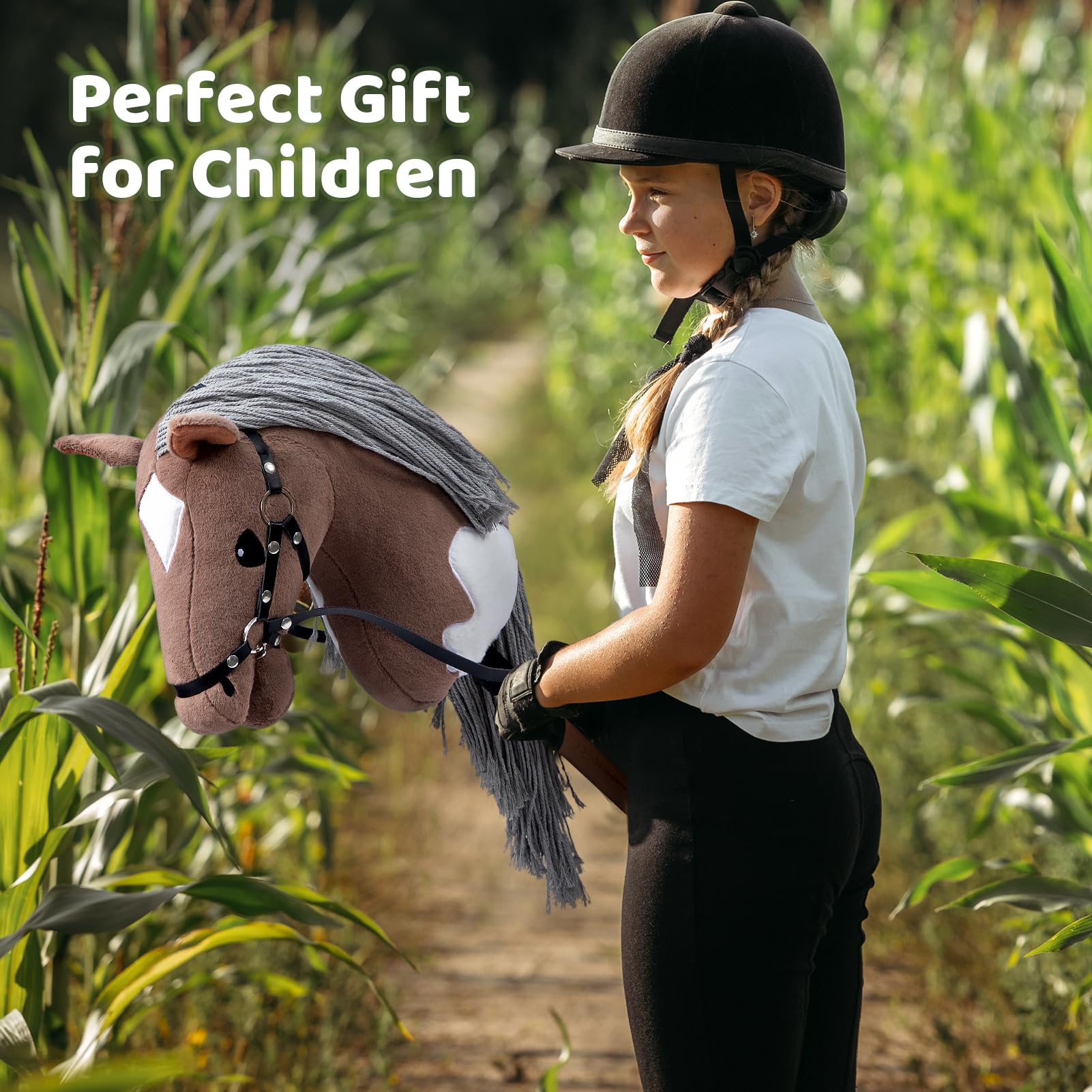BEJOY Caballo de juguete para niños con cabestro y trenza, color marrón y blanco
