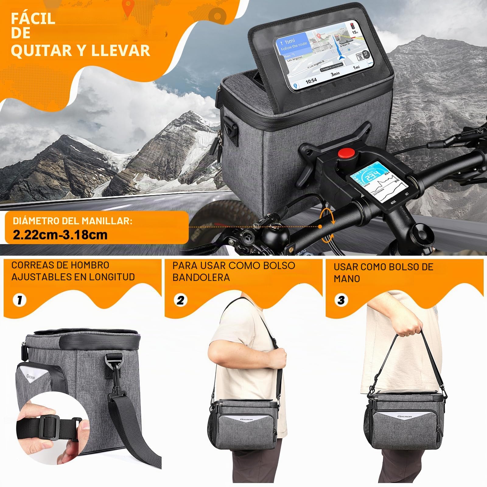 GXCROR Bolsa para manillar de bicicleta de 5,5 L con pantalla táctil, soporte para teléfono móvil, impermeable, para todos los teléfonos móviles, D27GXC