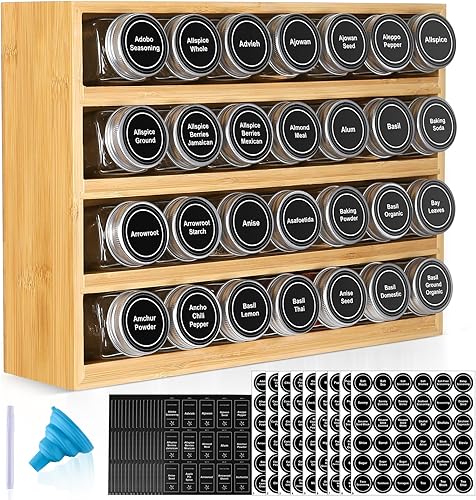 Organizador de especias de bambú con 28 tarros de especias, 780 etiquetas, estante colgante de madera de 4 niveles, marcador de tiza y juego de