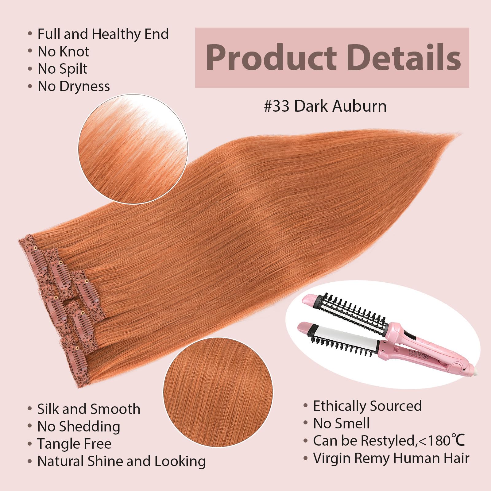 Silk-co Clip in Hair Extensions Real Human Hair Extension Double Weft With Lace Coverd Clip in Silky Straight 100% Natural Very Thin Highlight efffect for Women 6PCS 6Clip 14Inch #33 Dark Auburn 36g - Image 4