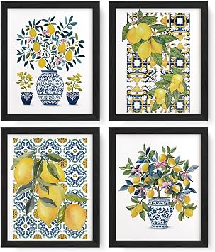 JXREQ Blue Chinoiserie Lemon Mediterranean Italian Wall Art Decor for Home Kitchen Dining Room Living Room Bathroom, Lemon Party Decorations Posters, 8x10 Inch Unframed Set of 4