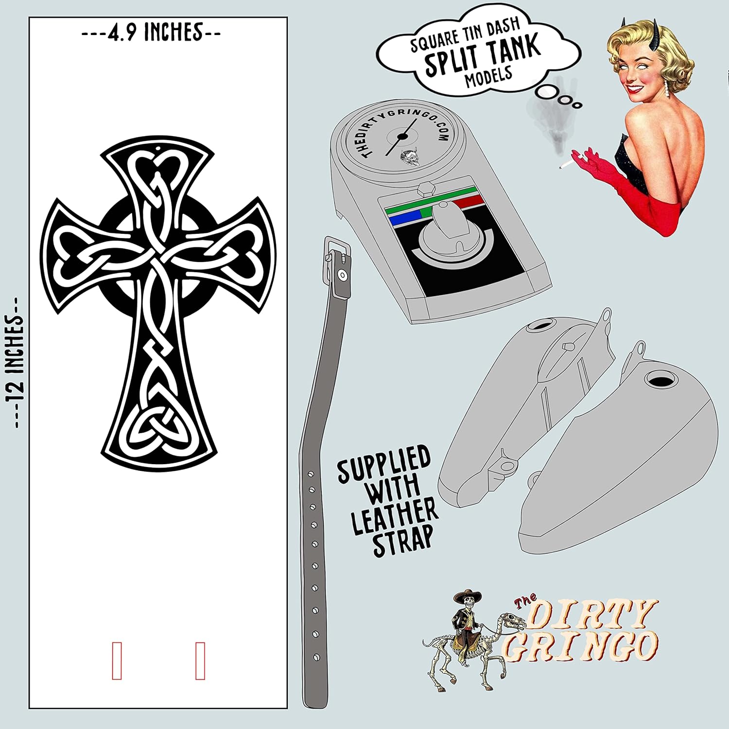 The Dirty Gringo Retro Celtic Cross Black Custom Gas Tank Bib Panel (Split Tank) Compatible with Harley Davidson