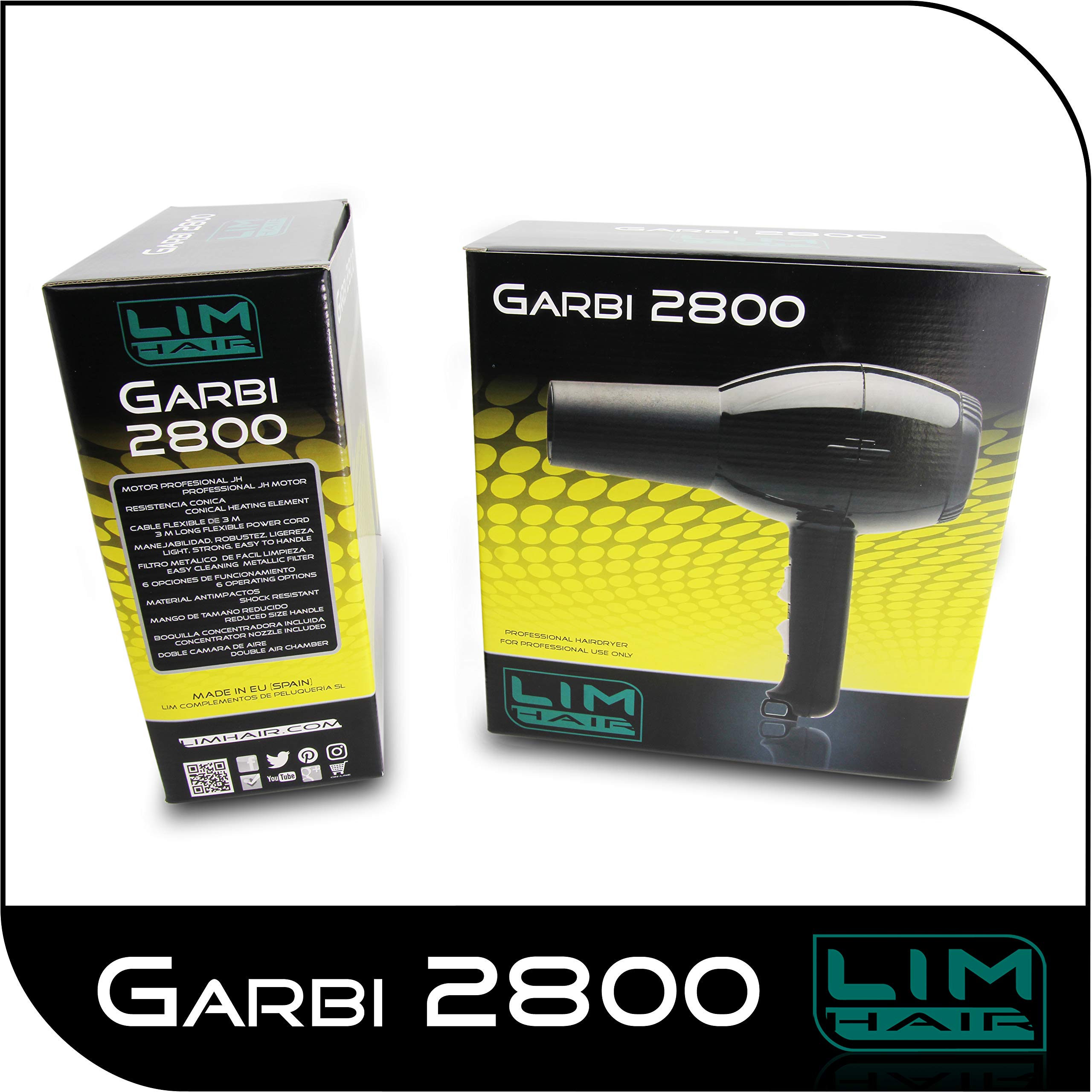 Secador de cabello LIM HAIR GARBI 2800. Made in Spain. 1850 W. Profesional para salón peluquería. Desde 1994 en el mercado, remodelado y adaptado. Mango reducidas dimensiones. (NEGRO)