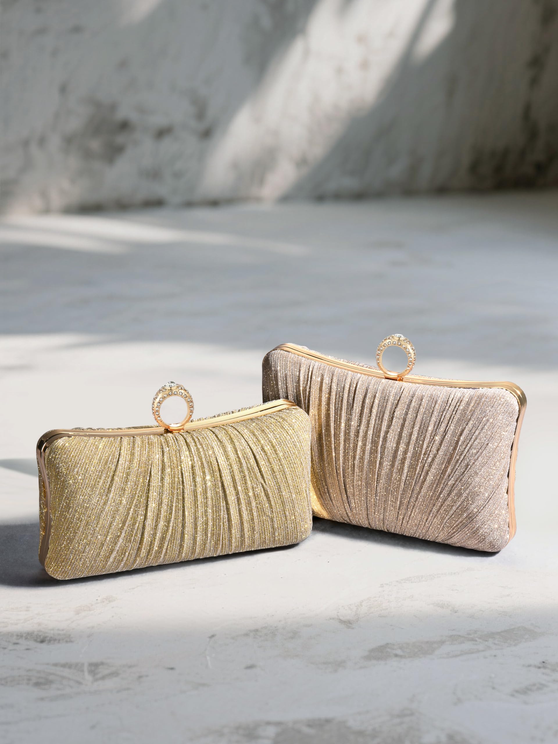 Womens en Glitter Clutch Purse Pleated Evening Bag for Bridal Wedding Party with Rhinestone Ring: Champagne