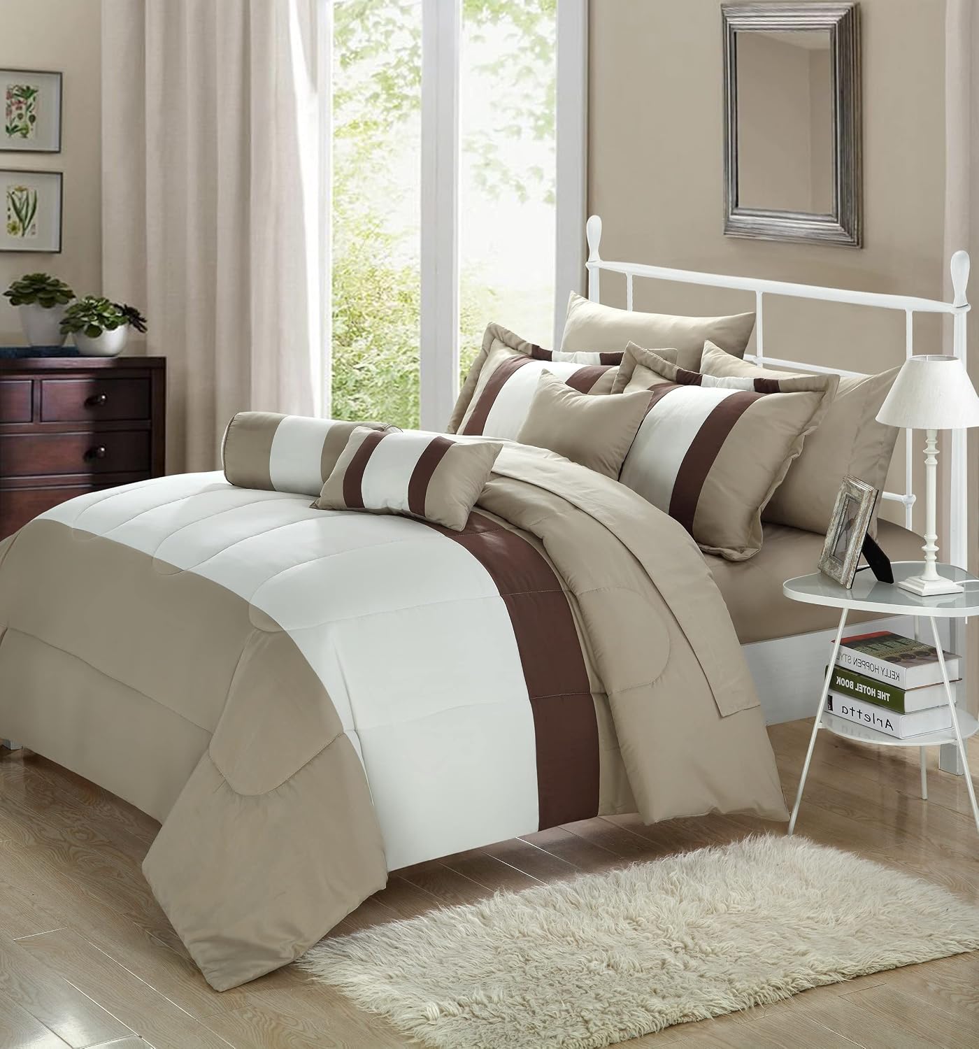Chic Home CS0640-701-AN 10 Piece Serenity Comforter Set, Queen, Beige
