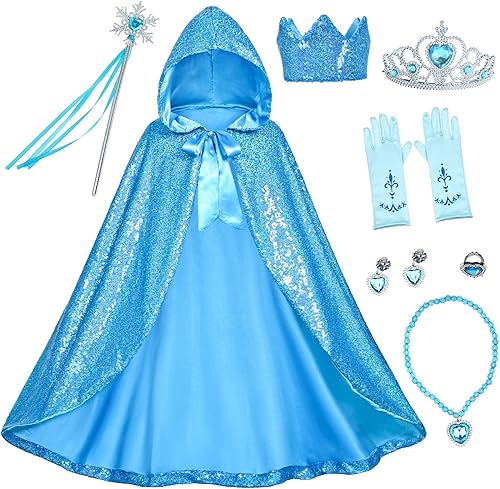 Disfraz de princesa con lentejuelas y capucha para niñas con accesorios, guantes, varita, corona, collar, juego de aretes, Azul