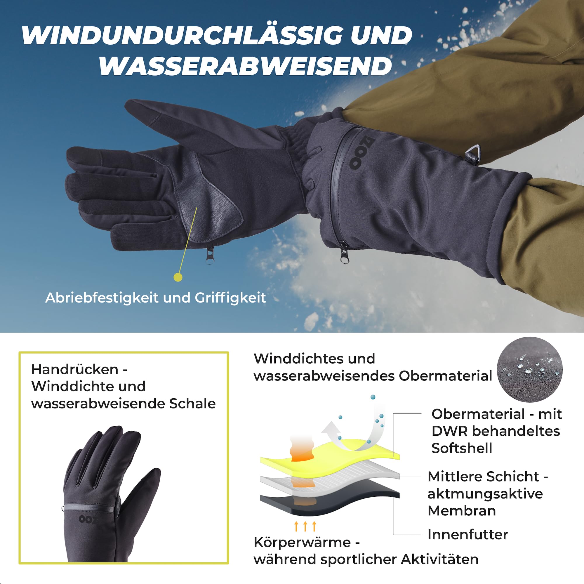 OOZi Guanti invernali per uomo e donna, touch screen, antivento, di peso medio, con tasca con cerniera, per sci, snowboard, trekking, corsa, ciclismo