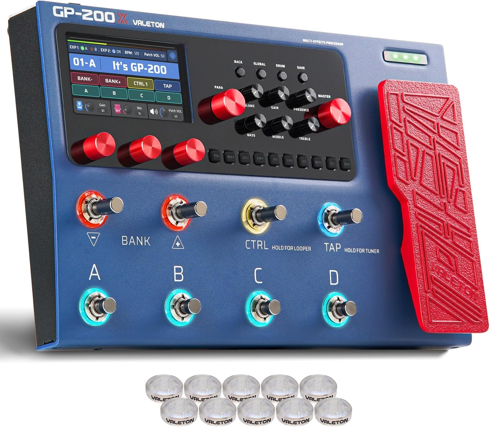 Guitar Bass Effect Pedal Multi-Effects Processor Amp Modeling IR Cabinets Simulation with FX Loop MIDI I/O Expression Pedal Stereo OTG USB Audio Interface GP-200X