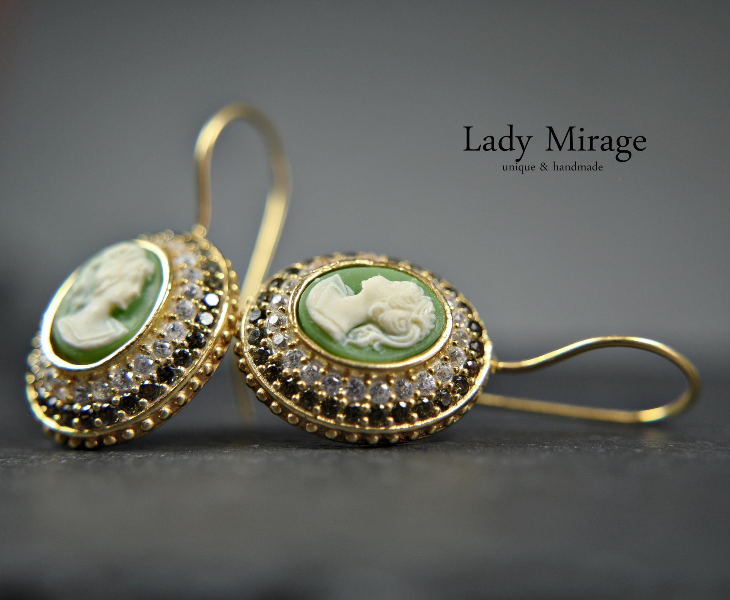 925 Silber Ohrhänger - Hängend - 14k Vergoldet - Lady Kamee - Vintage - Kamee - Antik - Zirkonia - Gemme - Jugendstil - Geschenk für Frauen - Geburtstagsgeschenk - Schmuck-Geschenk