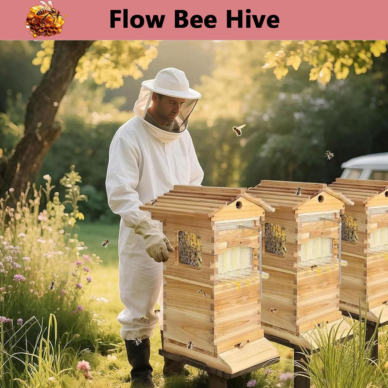 Zestaw startowy do ula typu Flow Hive – kompletny korpus z oknem obserwacyjnym i kranikiem do miodu; zawierający również domek dla pszczół ciesielek (dla zapylaczy ogrodowych).