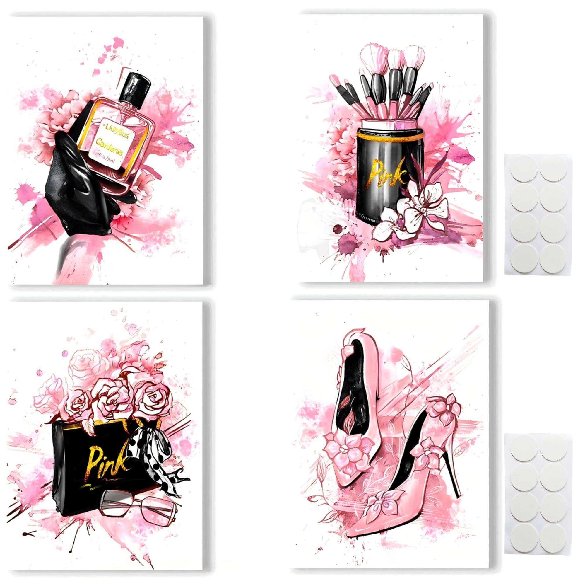 MINWEGI Room Decor - 4 Pack Pink Aesthetic Wall Art Prints 21x30cm, Waterproof Canvas Posters with 16 Removable Stickers, Self-Adhesive Fashion Wall Decor for Teen Girl Bedroom, Gift for Her