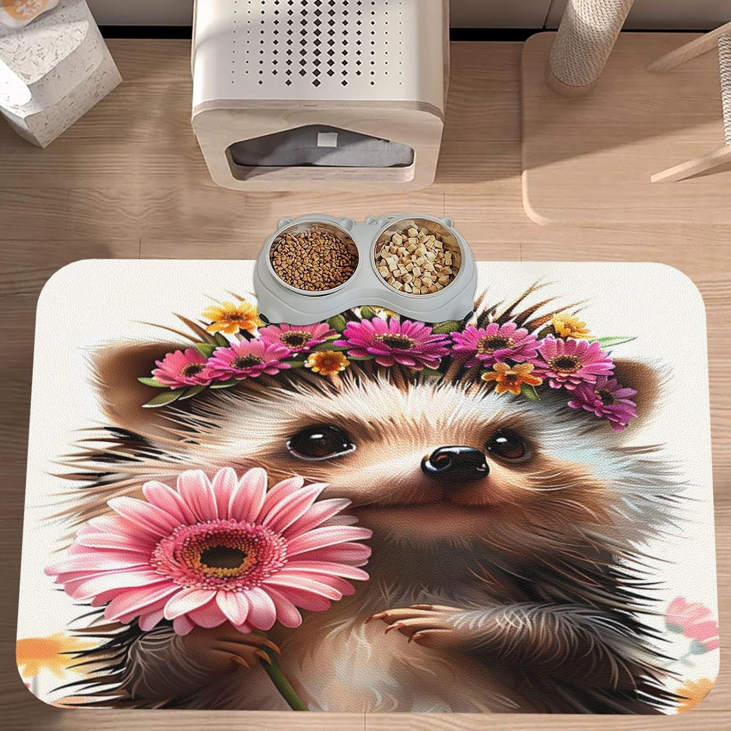 Hedgehog Floral Pet Food Mat Dog Non-Slip Feeding Mat Cat Bowl Mats Pets Placemat for Food and Water 40x60cm