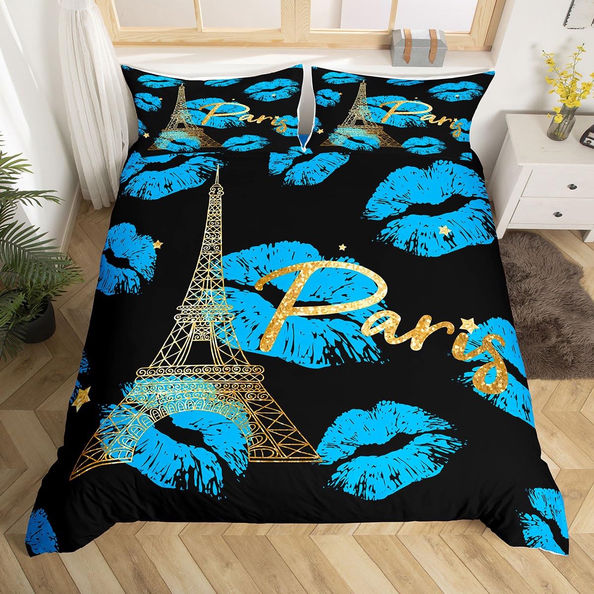 Manfei Kids Paris Duvet Cover Set Single Size, Gold Eiffel Tower Comforter Cover with 1 Pillowcase, Blue Lips Print Bedding Set 2pcs for Boys Girls Teens Room Decor Fashion City Theme Bedspread Cover