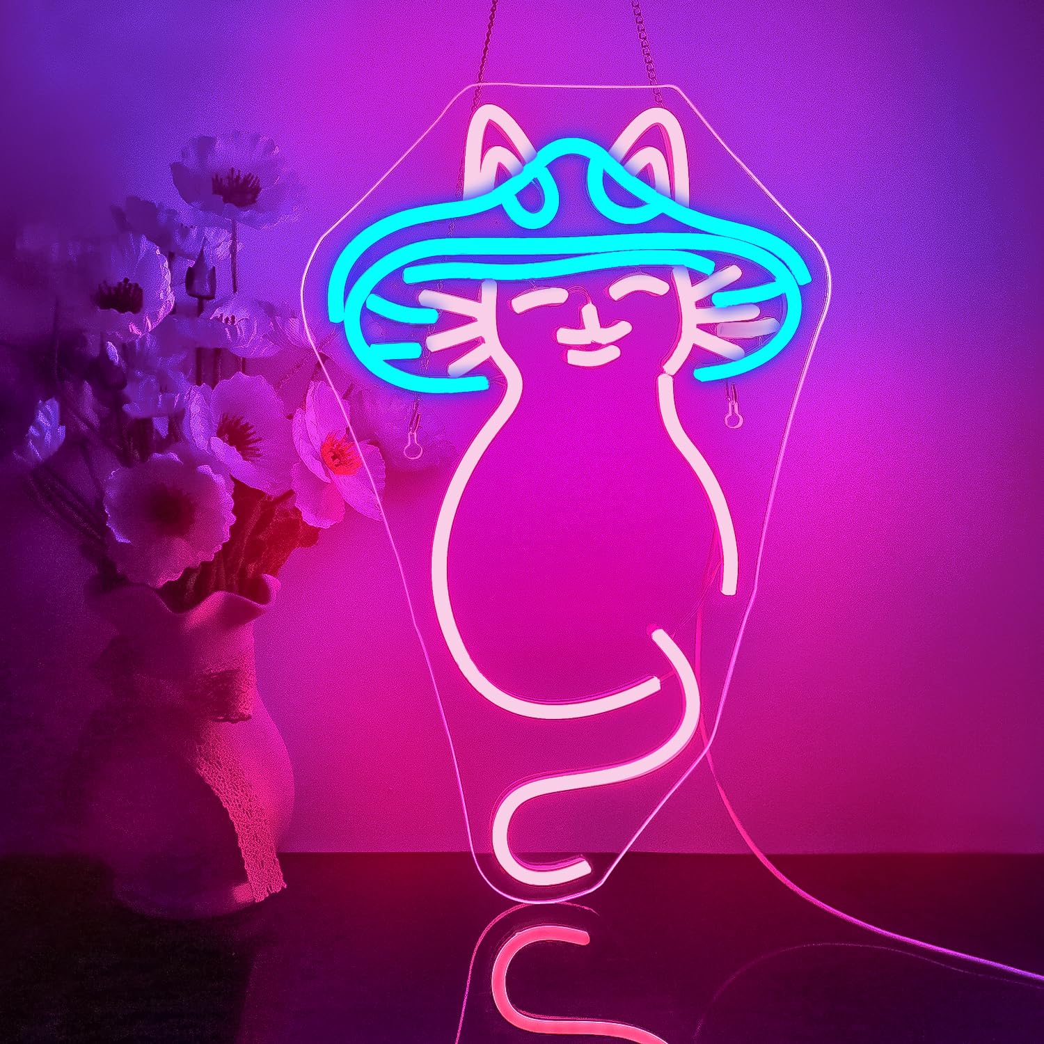 Looklight Pilz-Katzen-Neonschild blau-rosa LED-Neonschilder niedliche Katzen-Neonlichter USB dimmbar Katzen-Neonschilder für Bar Schlafzimmer Kinderzimmer Party Weihnachten Geburtstag Kunstgeschenk
