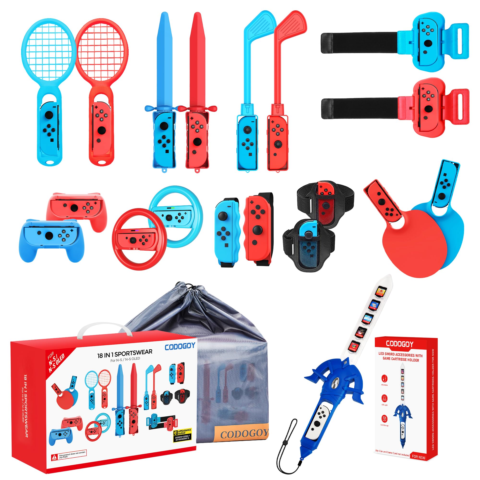 CODOGOY 18 in 1 + Bag Switch Sports Accessories Bundle + LED Game Sword Accessories