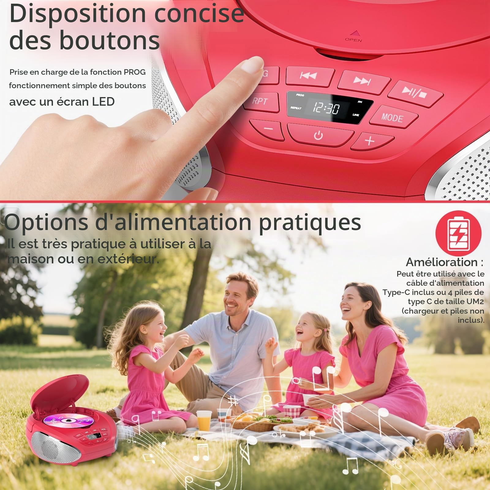 Gueray Lecteur CD Portable Boombox avec Haut-parleurs et Radio Rouge