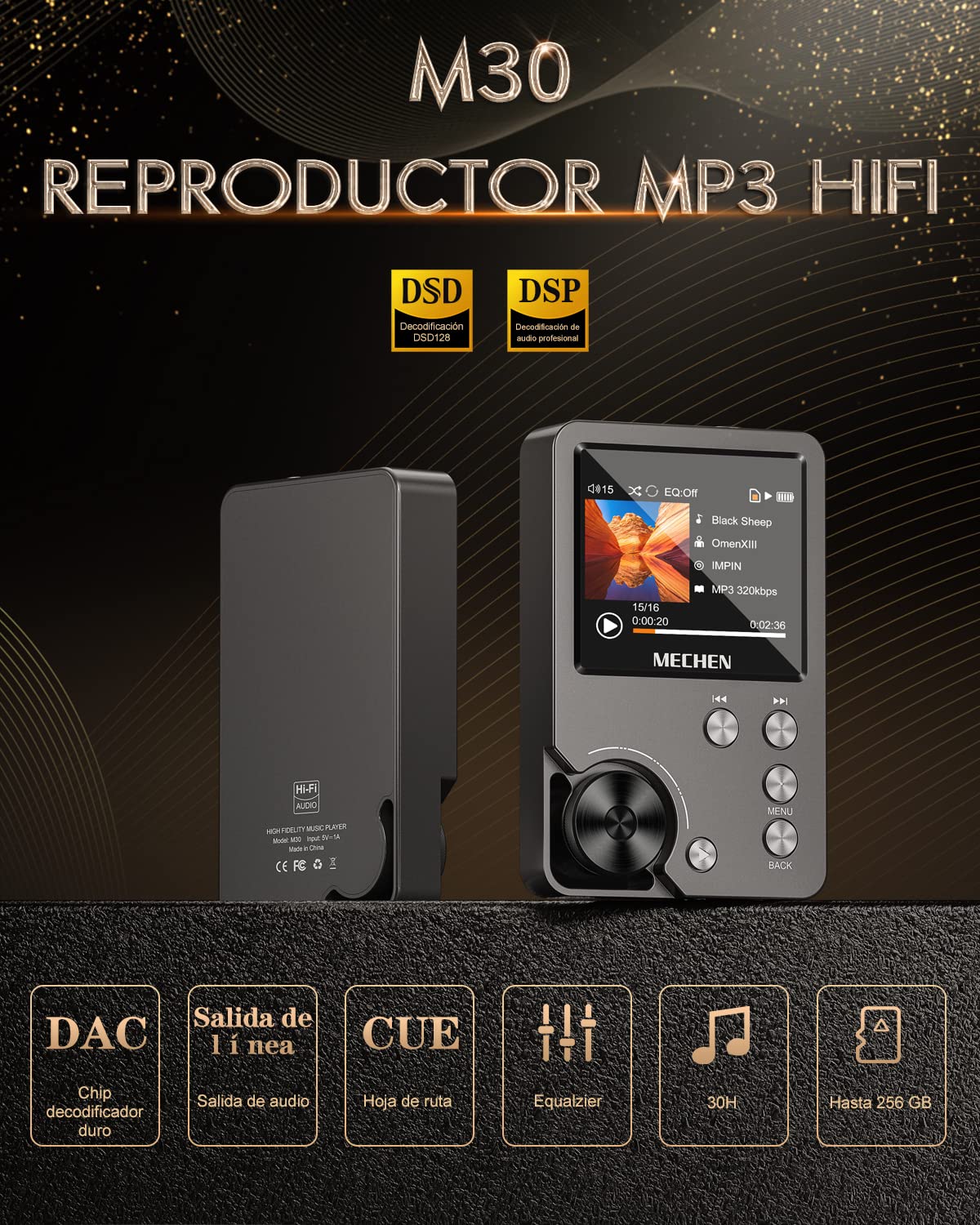 64GB Reproductor MP3, MECHEN HiFi Lossless Music Player DSD DAC Lossless High-Resolution Digital Audio, 30 Horas de Reproducción Continua, Tarjeta de 256GB TF Ampliable