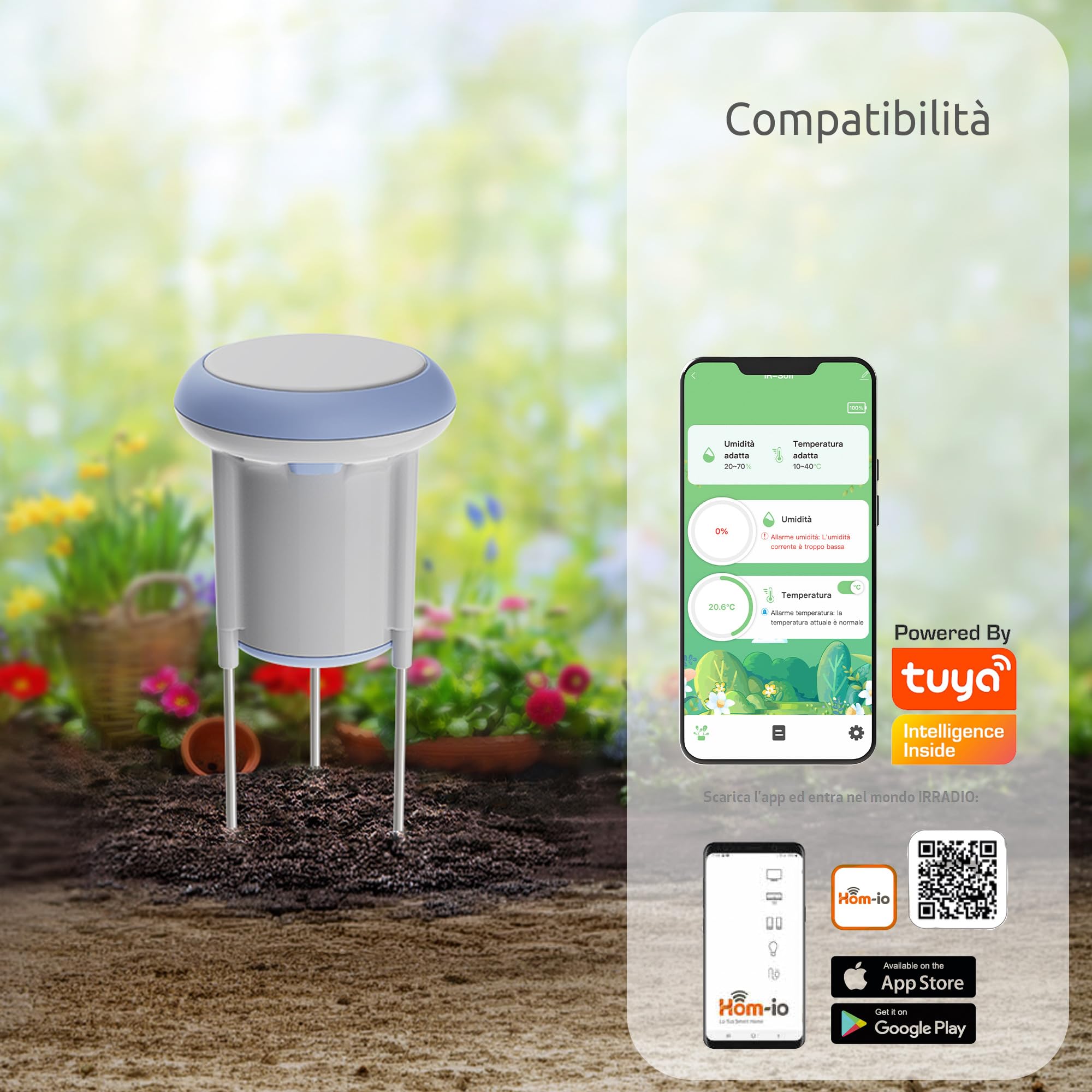 IRRADIO IR-SOIL sensore umidità terreno smart WiFi da esterno IP66 | Sensore per il terreno smart da esterno | Rilevazione di temperatura ed umidità | Controllato con APP