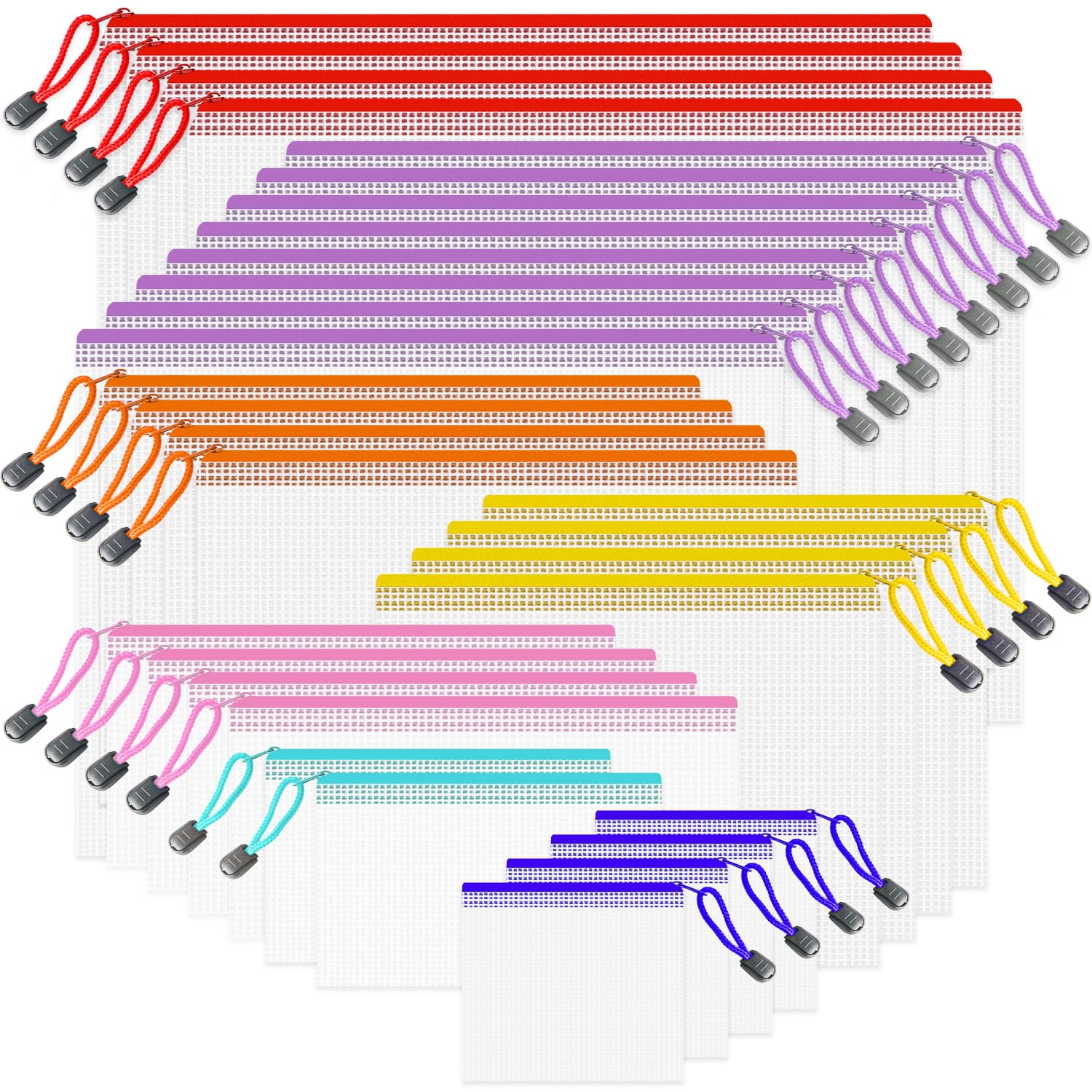 Sacchetti con cerniera in rete, 32 sacchetti con cerniera, 8 sacchetti impermeabili con cerniera per organizzare, sacchetti con cerniera in plastica di colori assortiti, sacchetti a rete con cerniera