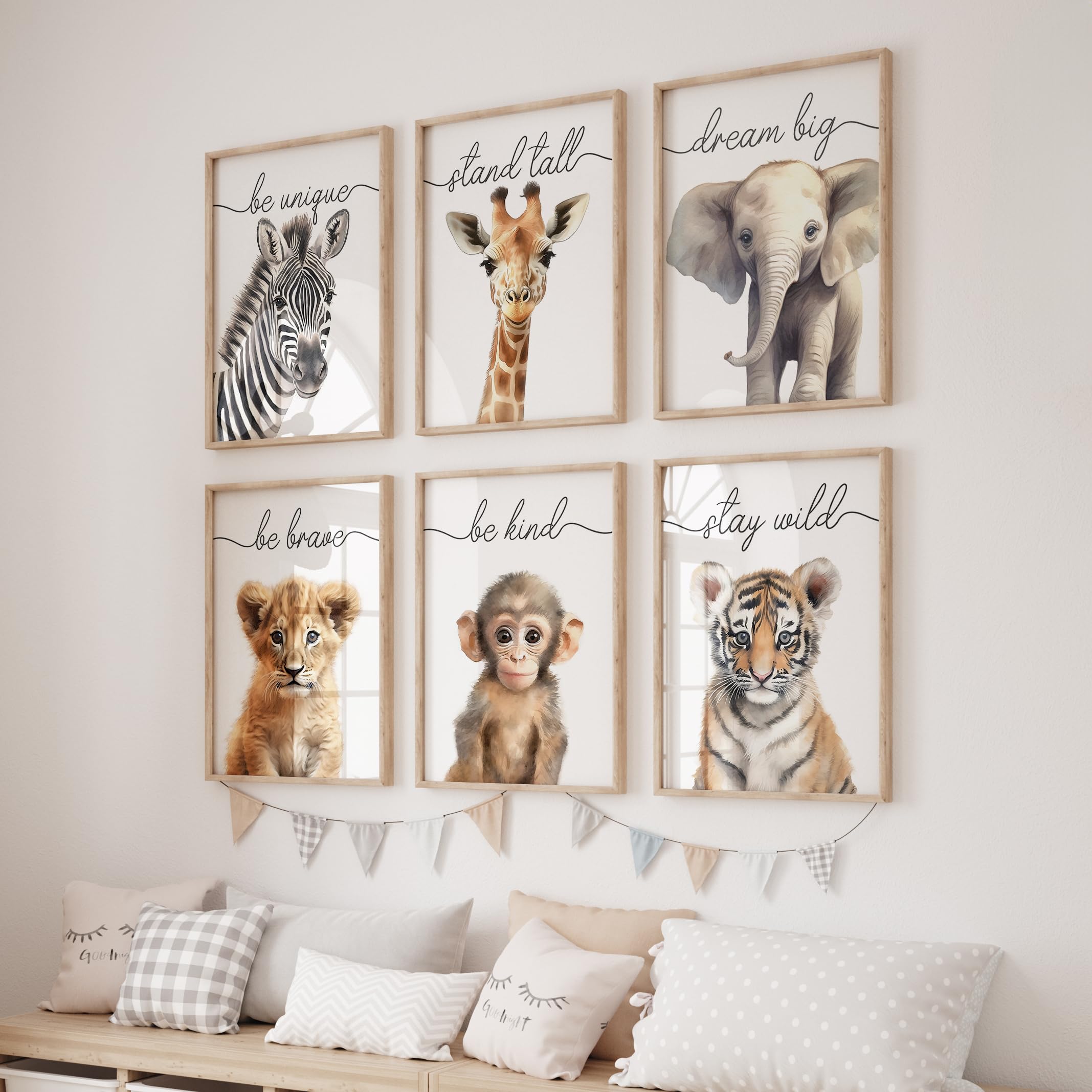 Rose Rowan Design Safari Animal Prints for Babies Room, Set of 6 Wild Animal Wall Art Prints, Gender Neutral Nursery Decor, Giraffe, Elephant, Zebra (Quotes set of 6, A4)