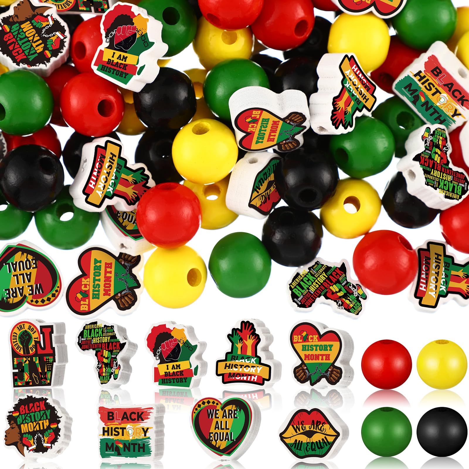 Waydress 200 Pcs Black History Month Wooden Beads African Beads for Jewelry Making Juneteenth Craft Black Red Green Yellow Wood Beads Bulk African American Bead Ornaments for DIY Necklace Party Decor