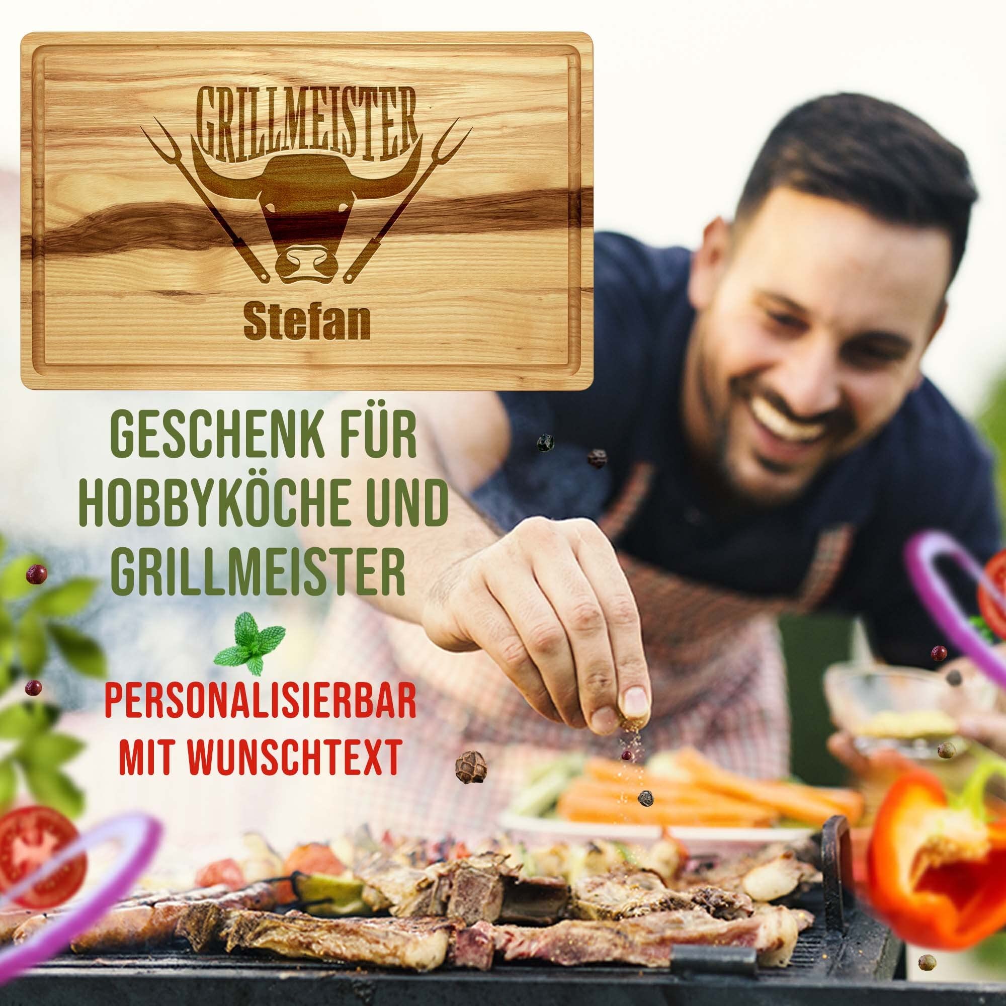 PR Print Royal Großes Holzbrett mit Gravur - Schneidebrett personalisiert mit Name - Grillmeister - Geschenke für Grillfans zum Geburtstag | Eschenholz, 40 x 25 x 2 cm, personalisiertes Geschenk