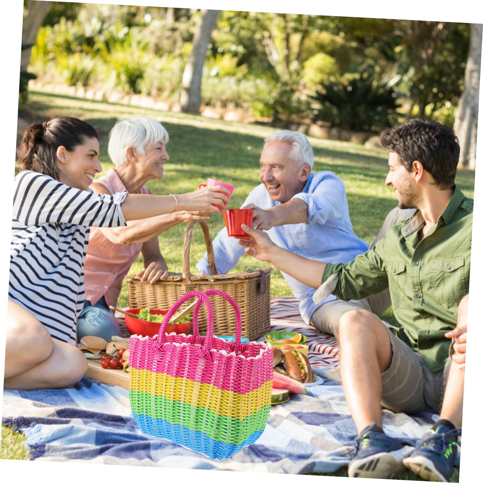ABOOFAN Cesta de Picnic Tejida con Asa, Cesta Grande y Portátil de Plástico para Almacenamiento y Uso en Exteriores y Picnic