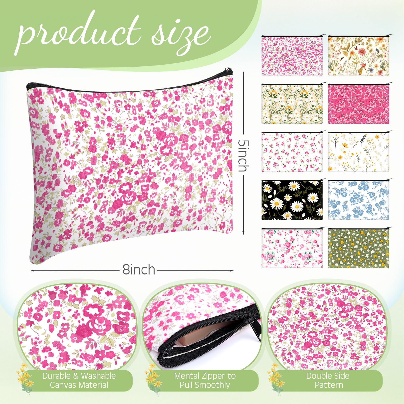 Eccliy 20-Piece Printed Cotton Canvas Makeup Bags with Zipper