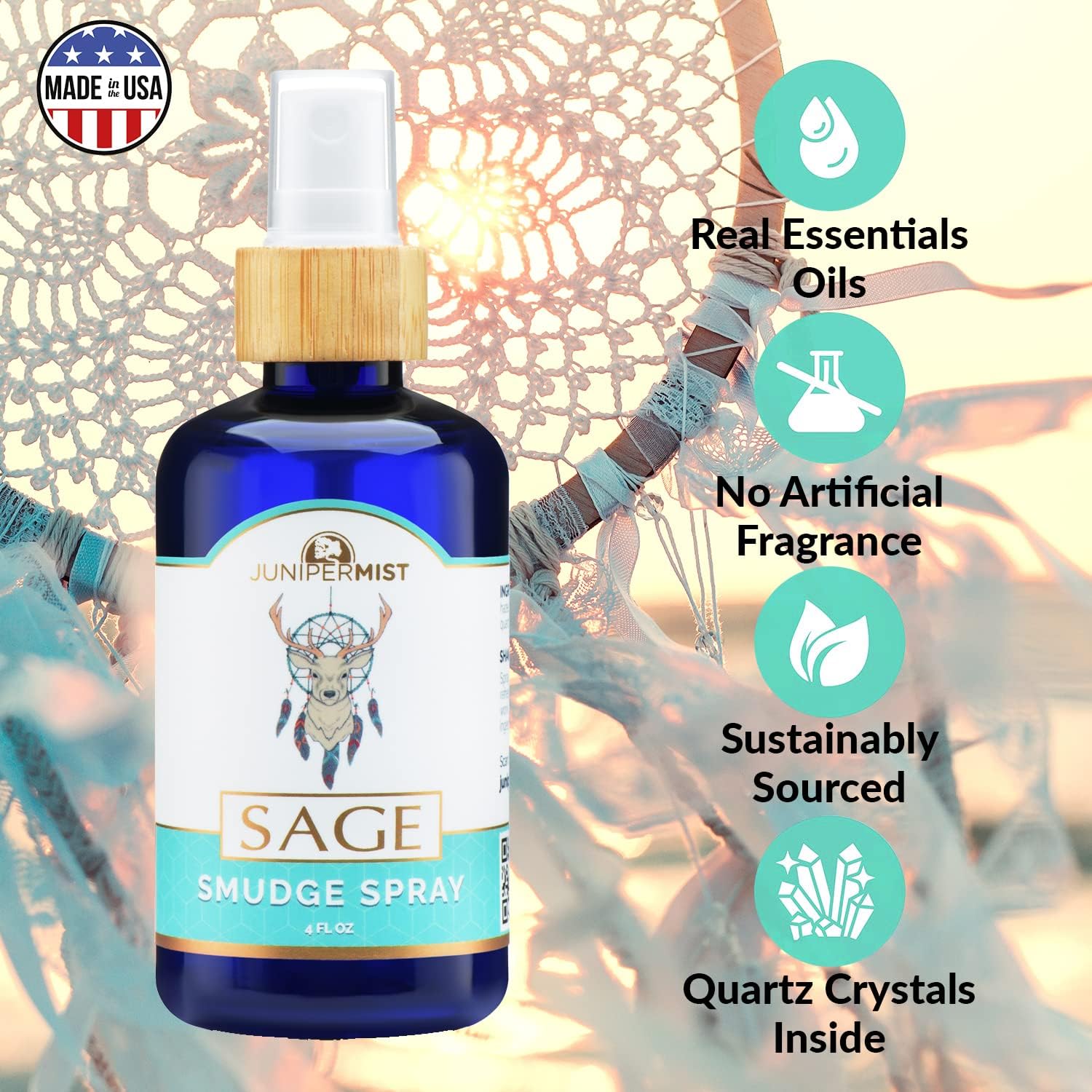 JUNIPERMIST White Sage Spray for Cleansing Negative Energy - Sage Smudge Spray Alternative to Incense Sticks or Bundles - Blessed in Sedona + Made with Pure Essential Oils and Real Crystals (4 Fl Oz)
